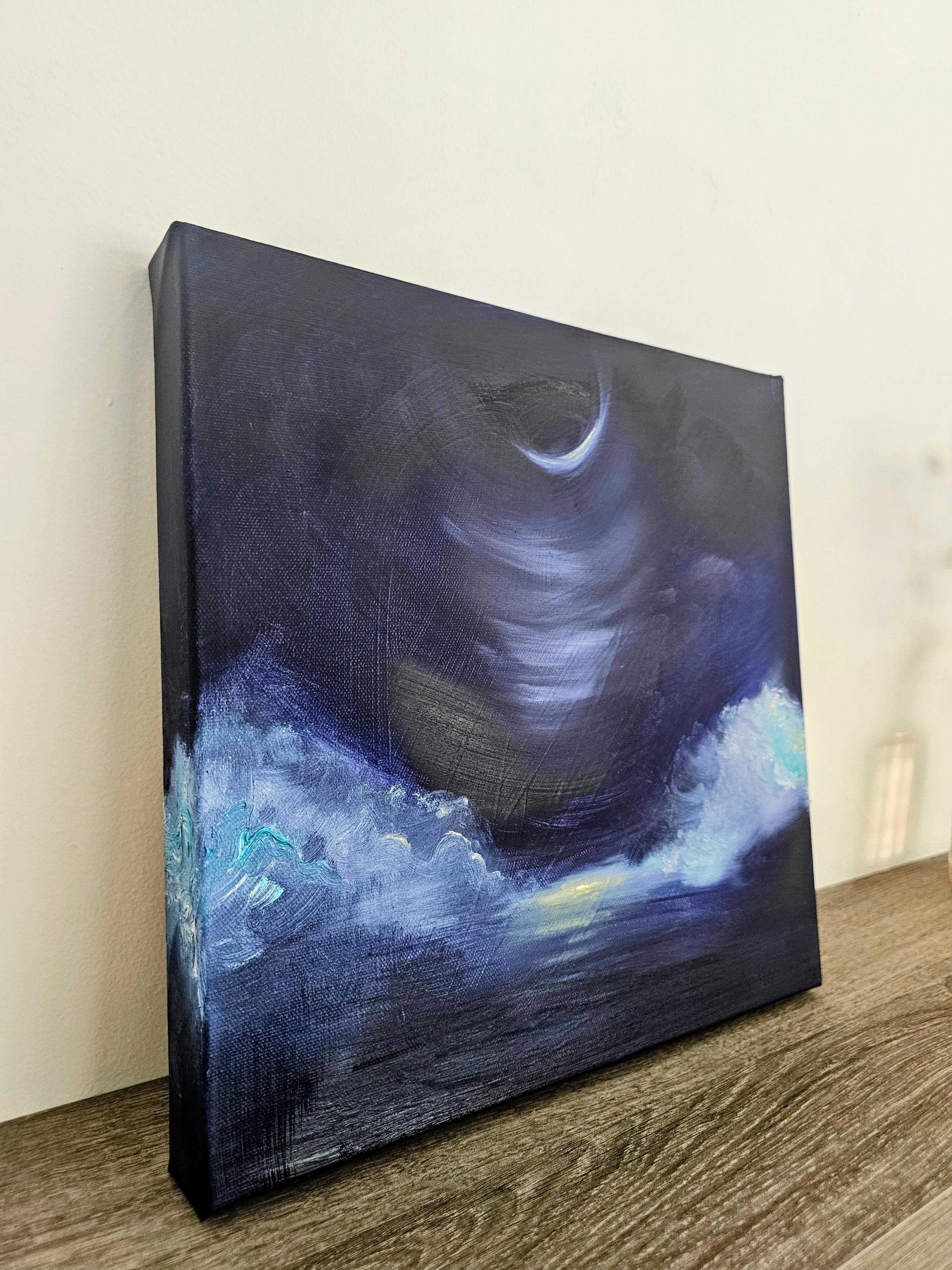 Der abnehmende Mond liebt dich - Blauer Mond abstraktes Landschaftsgemälde im Angebot 4