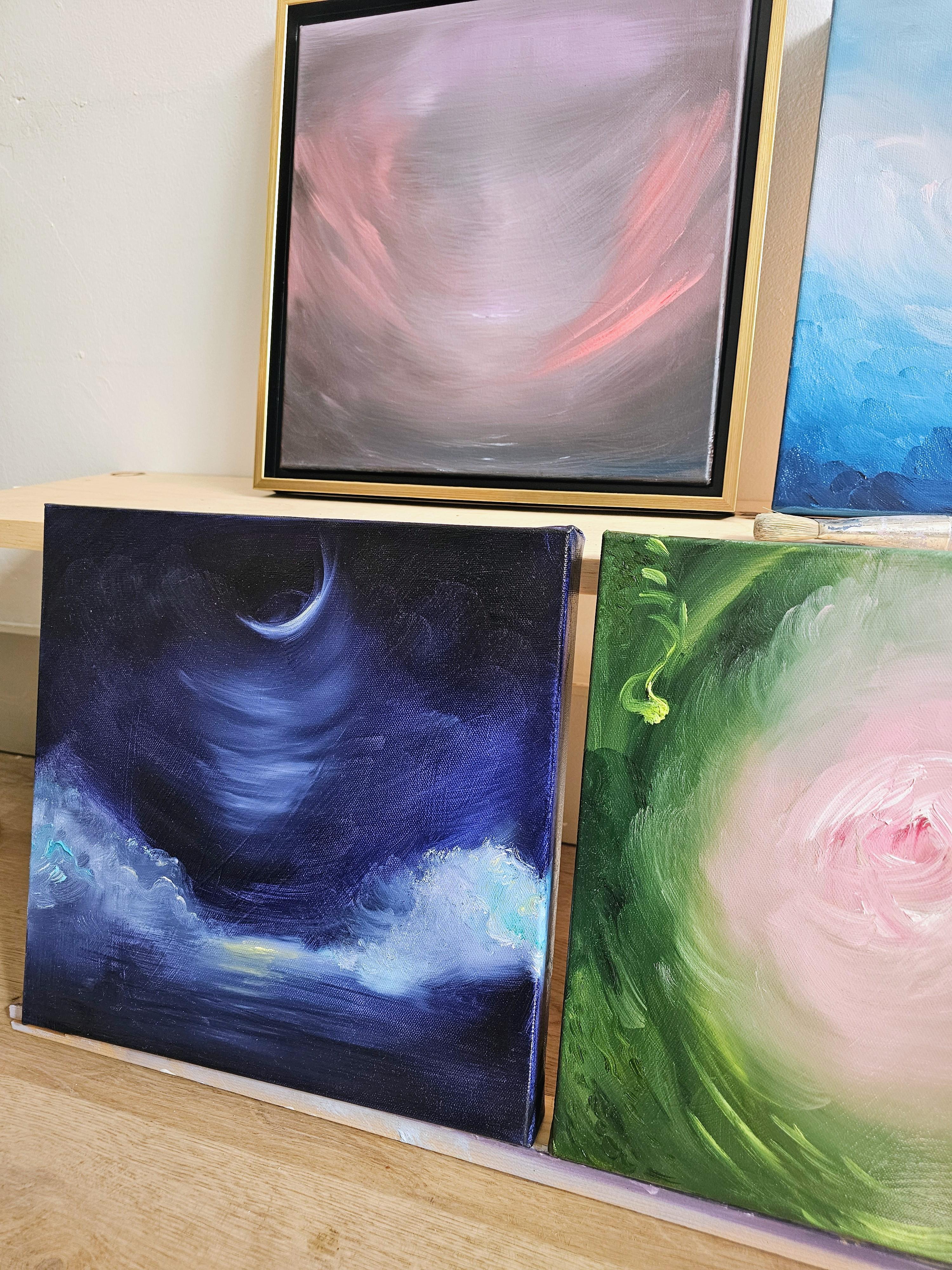 Der abnehmende Mond liebt dich - Blauer Mond abstraktes Landschaftsgemälde im Angebot 6