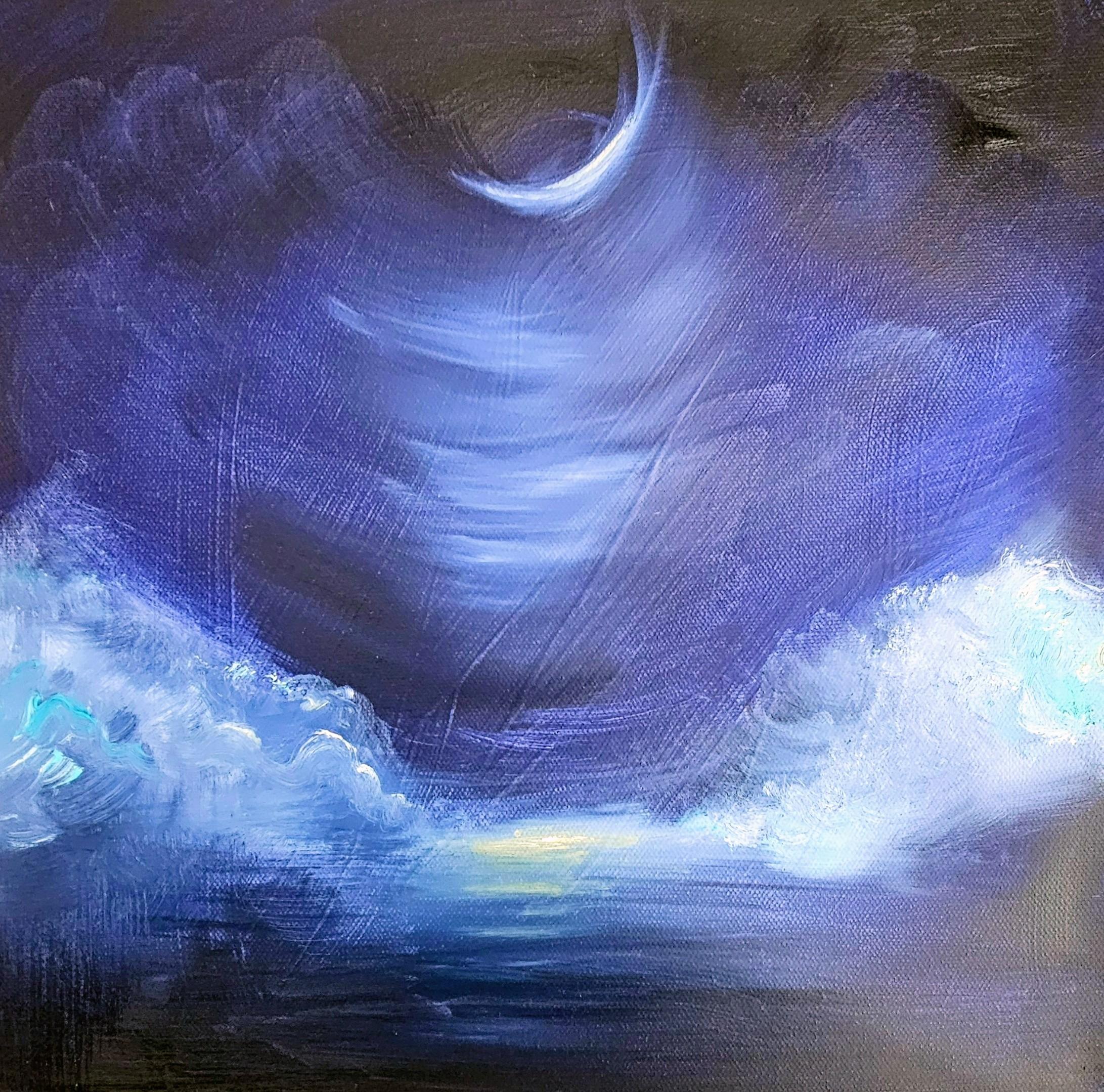 Der abnehmende Mond liebt dich - Blauer Mond abstraktes Landschaftsgemälde (Zeitgenössisch), Painting, von Jennifer L. Baker