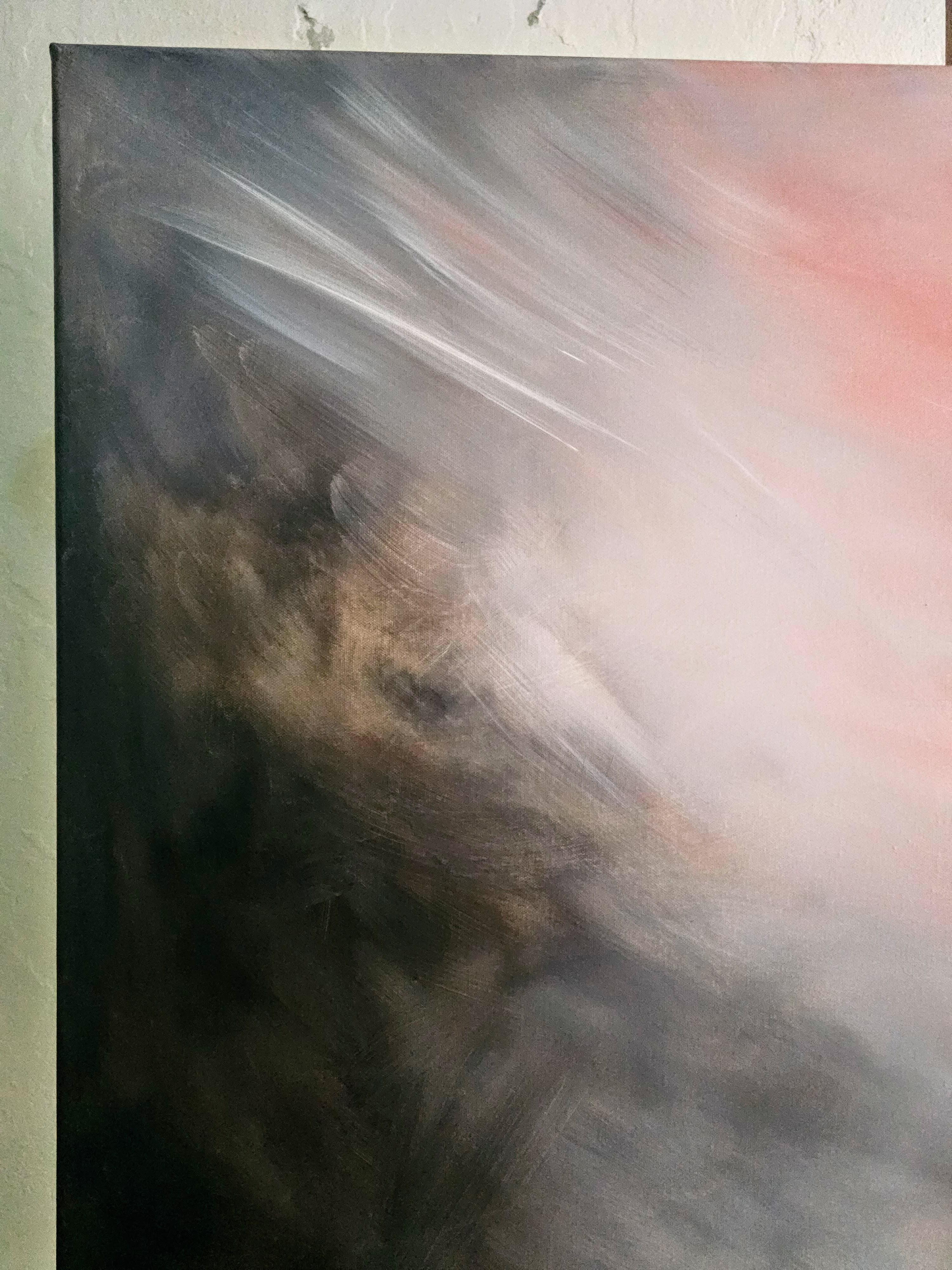 Il vento e il mio cuore spezzato che si rammenda - Paesaggio astratto drammatico dipinto nel cielo in vendita 10