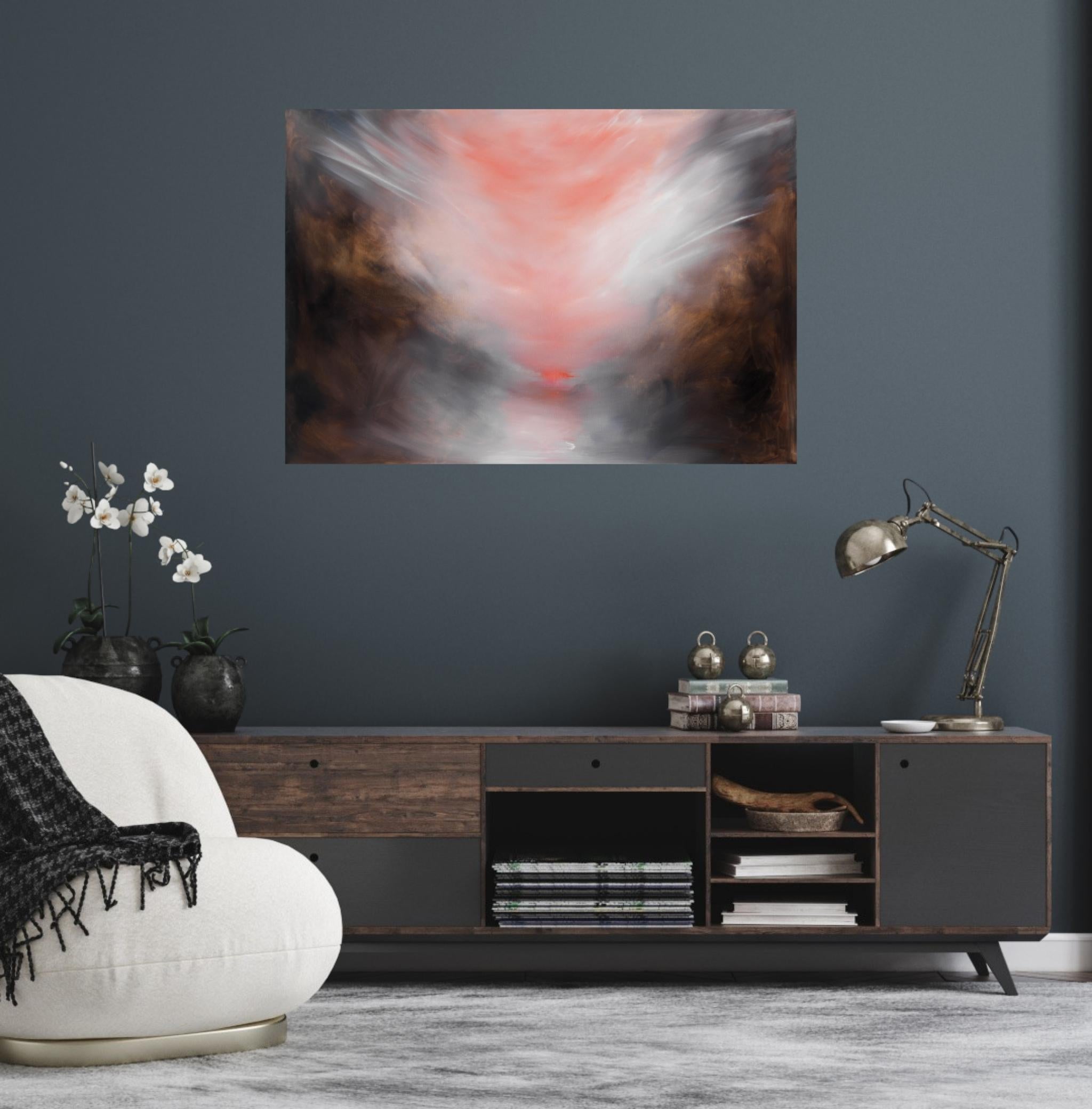 Il vento e il mio cuore spezzato che si rammenda - Paesaggio astratto drammatico dipinto nel cielo - Abstract Painting Grigio di Jennifer L. Baker
