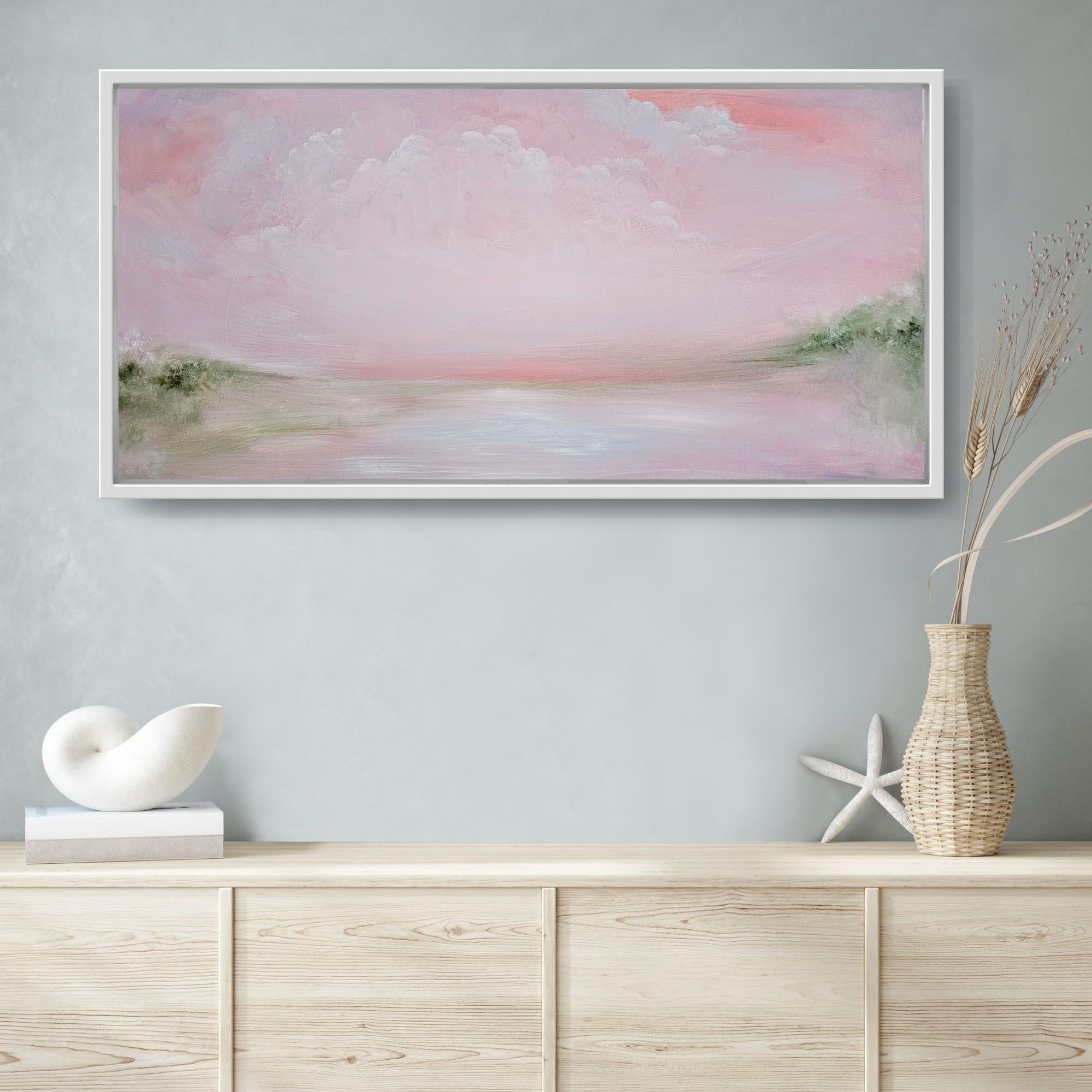 El mundo de esta mujer - Pintura abstracta de un paisaje en rosa suave y verde 6