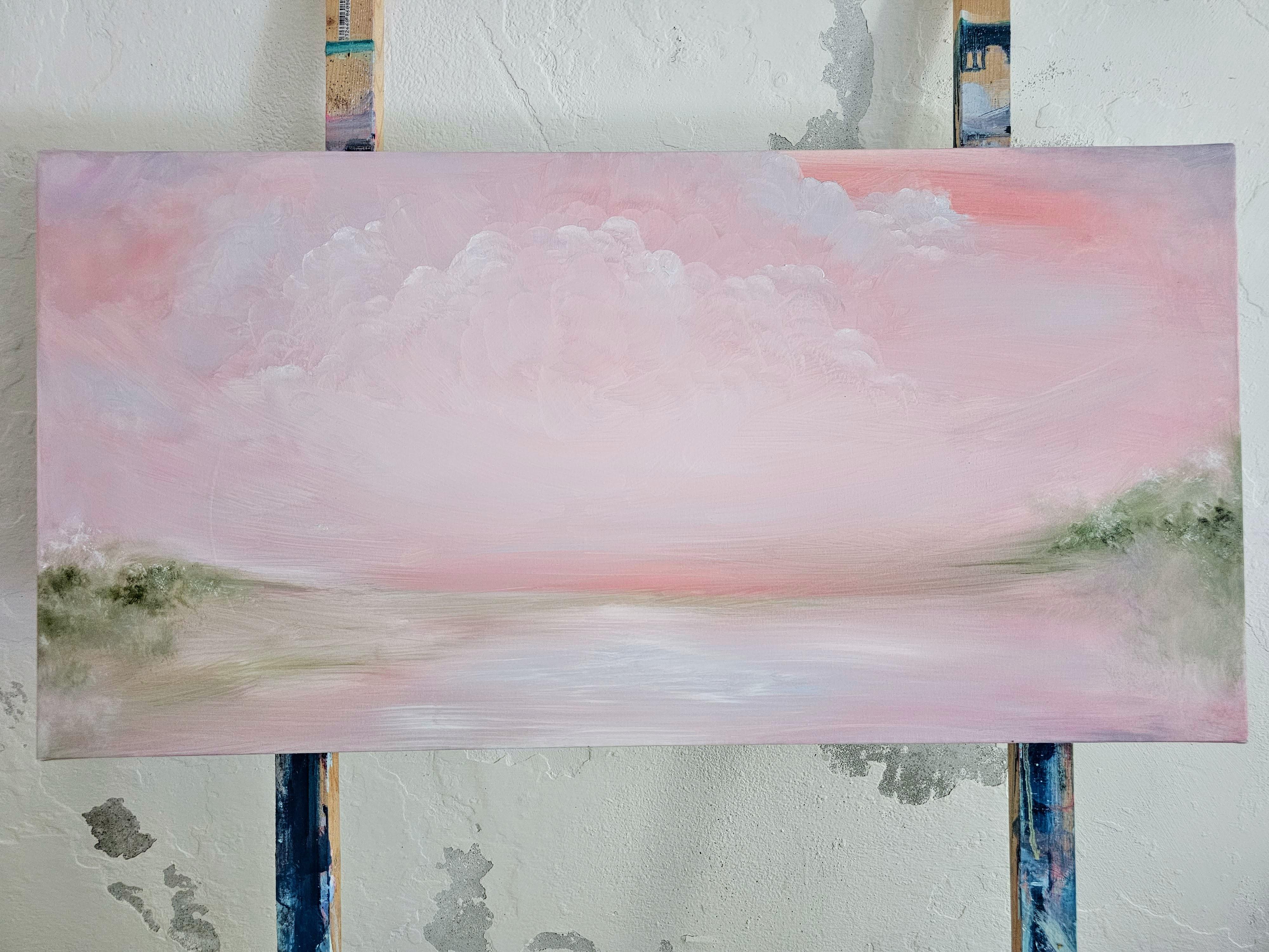 El mundo de esta mujer - Pintura abstracta de un paisaje en rosa suave y verde 9
