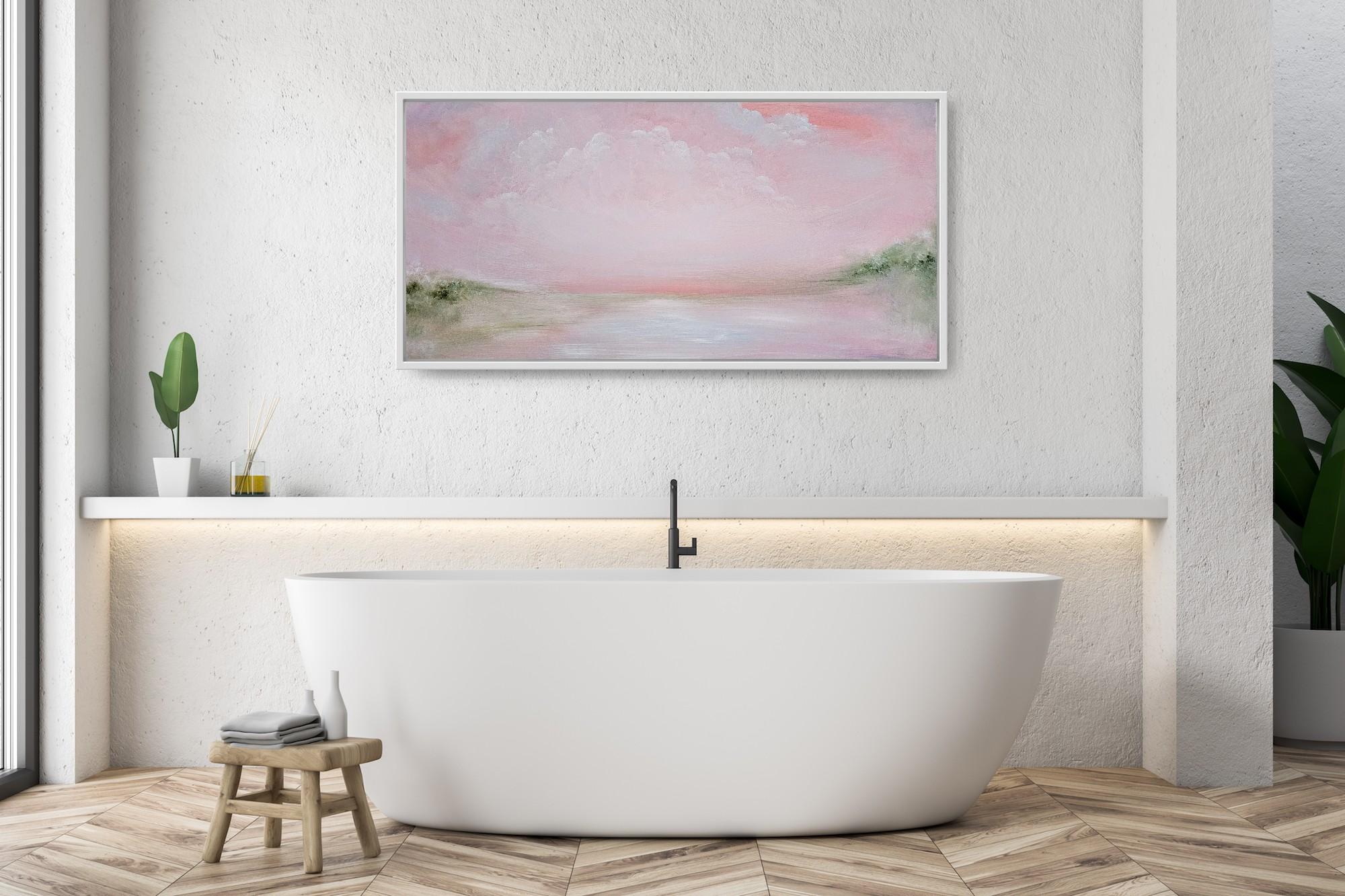 El mundo de esta mujer - Pintura abstracta de un paisaje en rosa suave y verde - Painting de Jennifer L. Baker