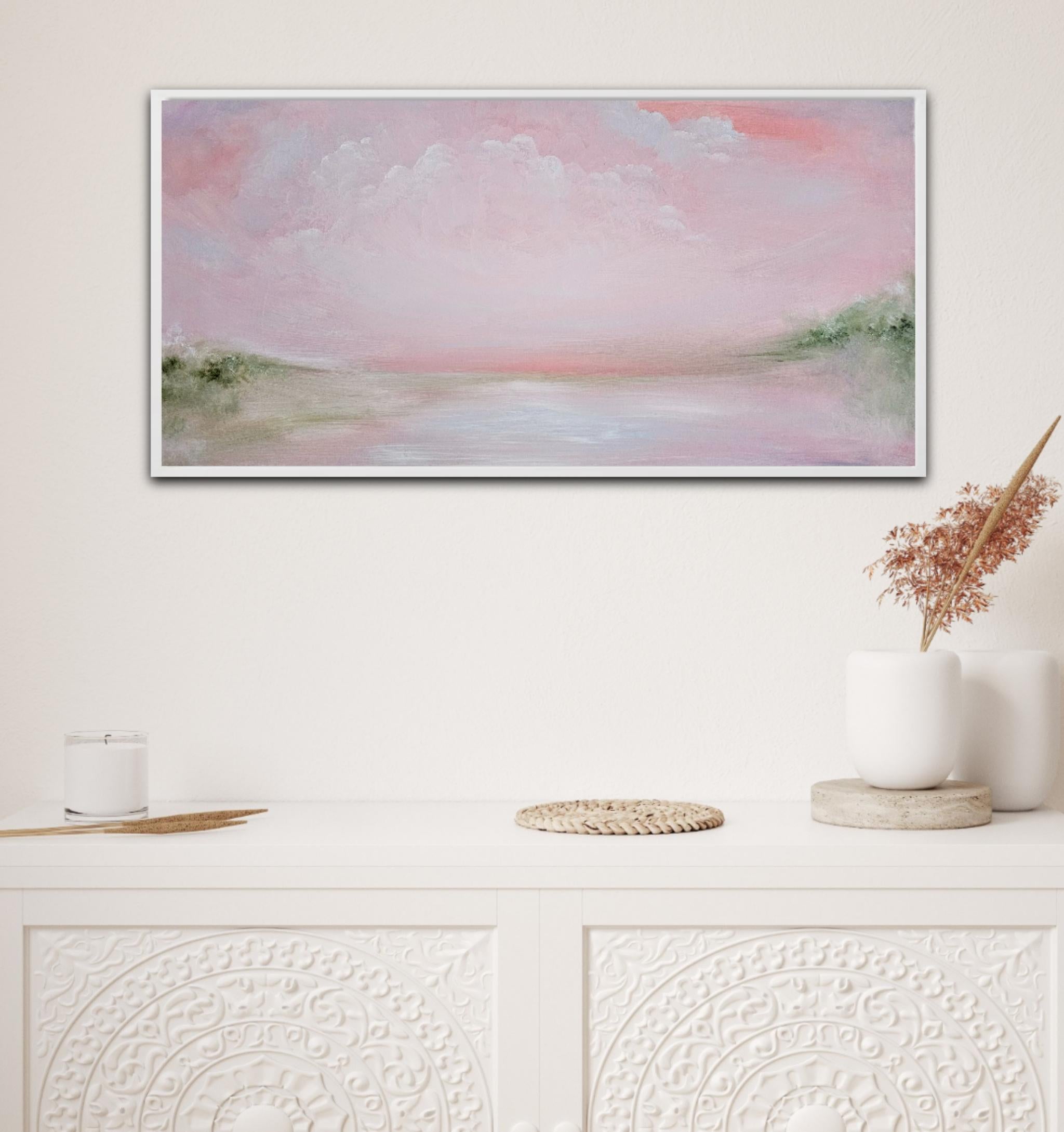 En este cuadro exploro la belleza efímera del amanecer, capturando la serena extensión de un cielo rosa suave reflejado en una tranquila masa de agua. La mezcla de trazos abstractos e impresionistas invita al espectador a un reino de contemplación y