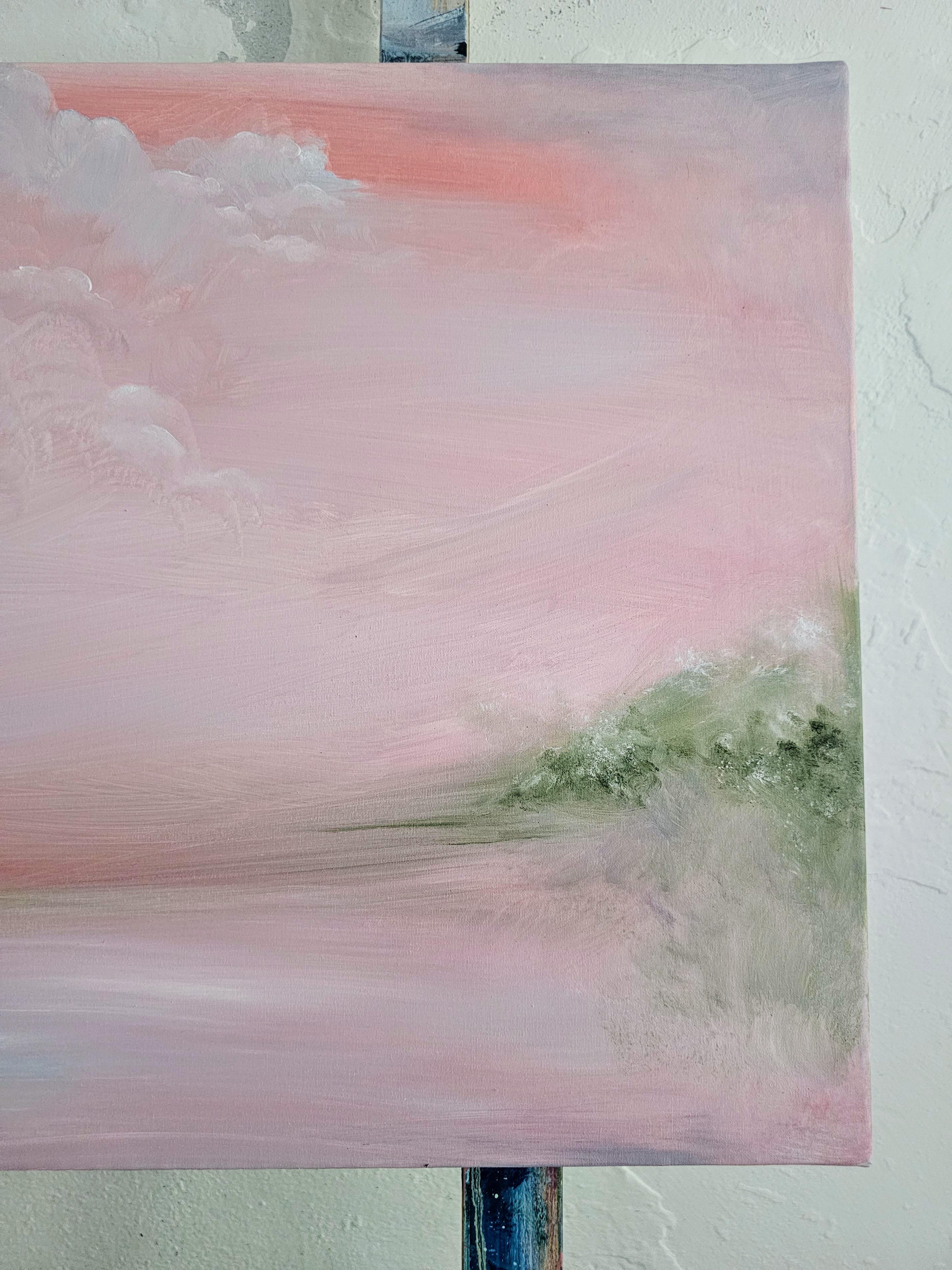 El mundo de esta mujer - Pintura abstracta de un paisaje en rosa suave y verde 2
