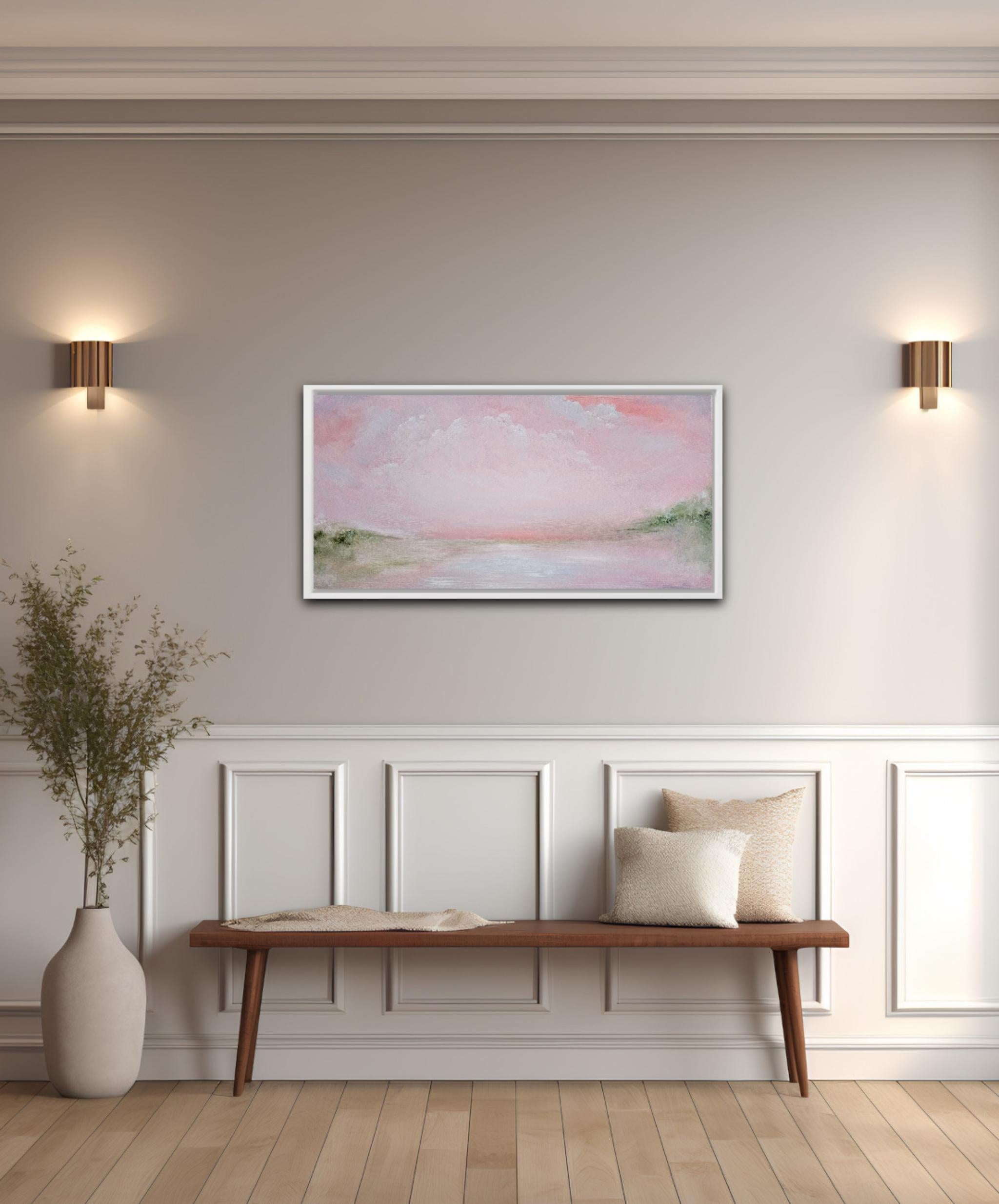 El mundo de esta mujer - Pintura abstracta de un paisaje en rosa suave y verde 3