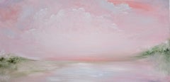 El mundo de esta mujer - Pintura abstracta de un paisaje en rosa suave y verde