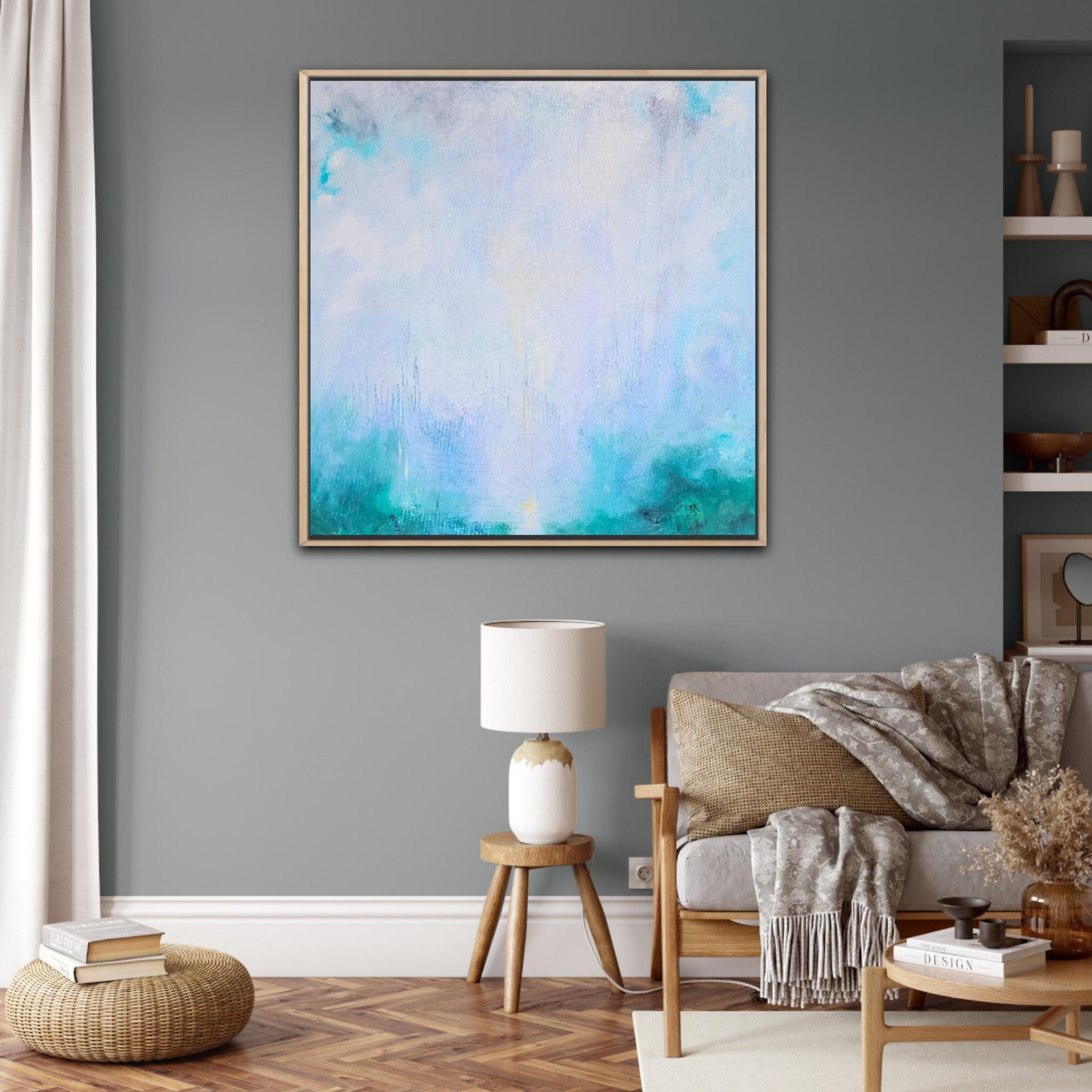 Tutto quello che ti ho nascosto - Quadro astratto blu turchese con paesaggio marino - Abstract Painting Blu di Jennifer L. Baker