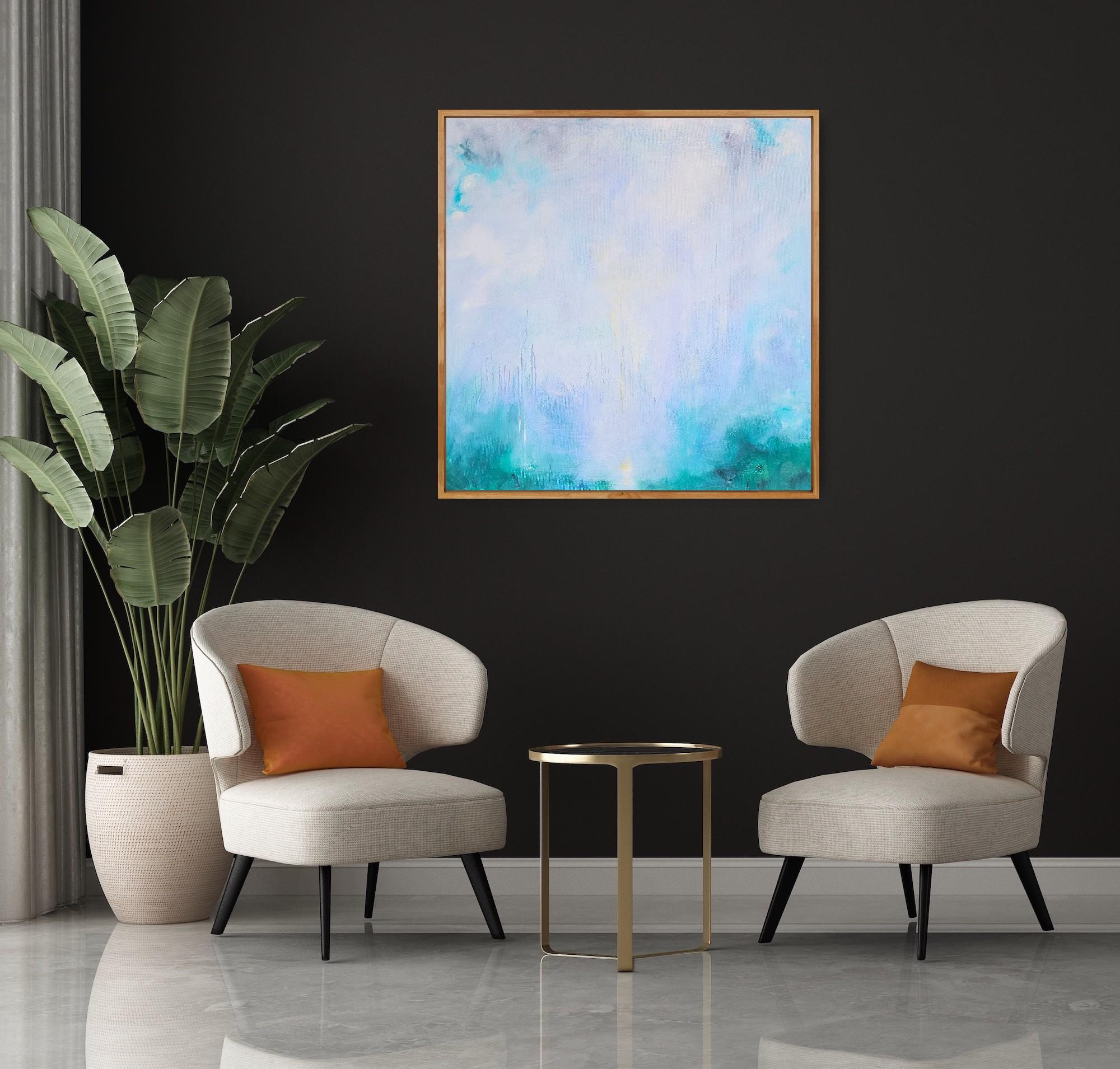Tutto quello che ti ho nascosto - Quadro astratto blu turchese con paesaggio marino in vendita 1