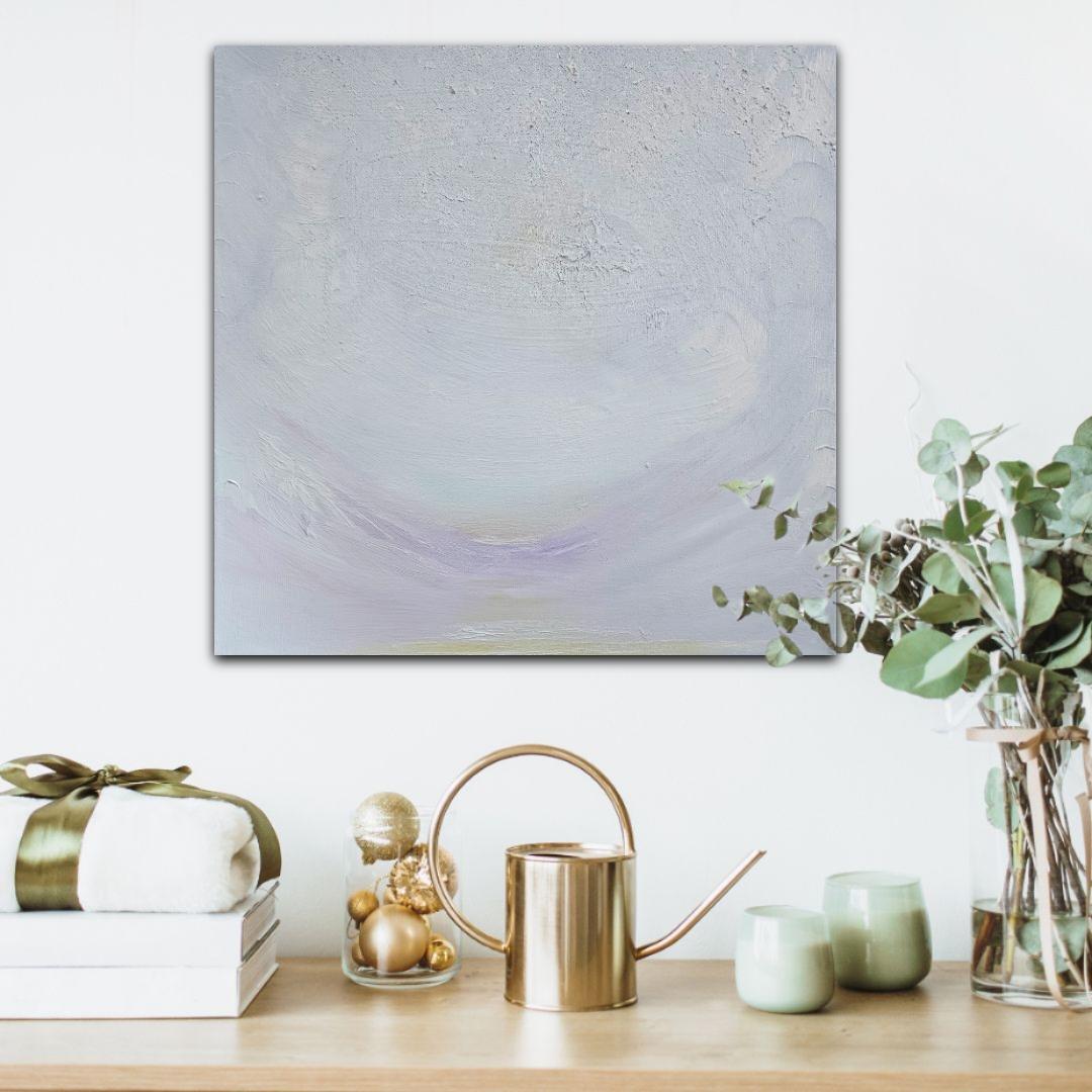 Twilight Flurry Making Me Smile - Weiße Winter abstrakte Landschaft Malerei – Painting von Jennifer L. Baker