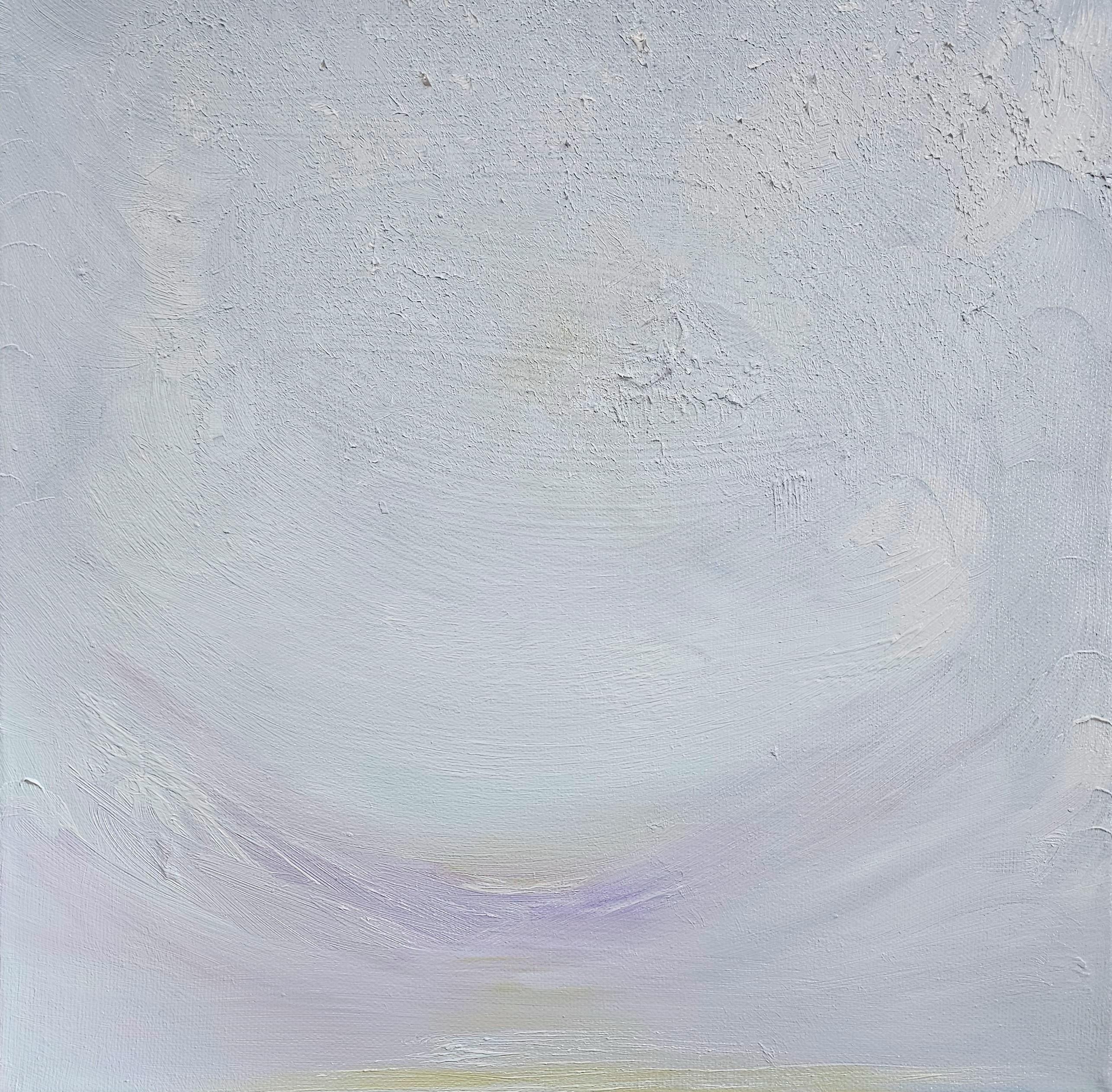 Twilight Flurry Making Me Smile - Weiße Winter abstrakte Landschaft Malerei (Zeitgenössisch), Painting, von Jennifer L. Baker