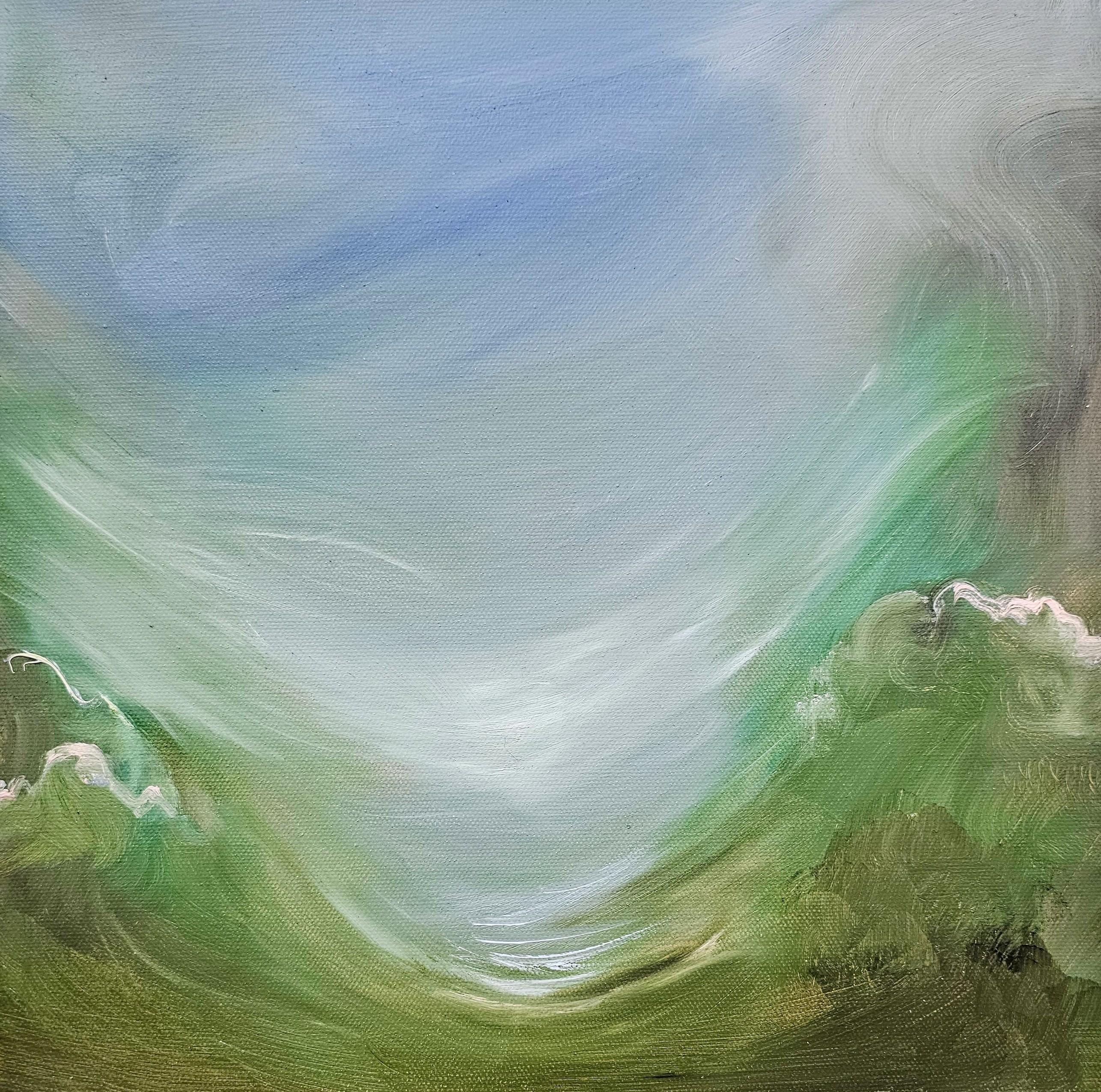 Jennifer L. Baker Landscape Painting – Valley of the Deer - Kleines grünes fließendes abstraktes Landschaftsgemälde