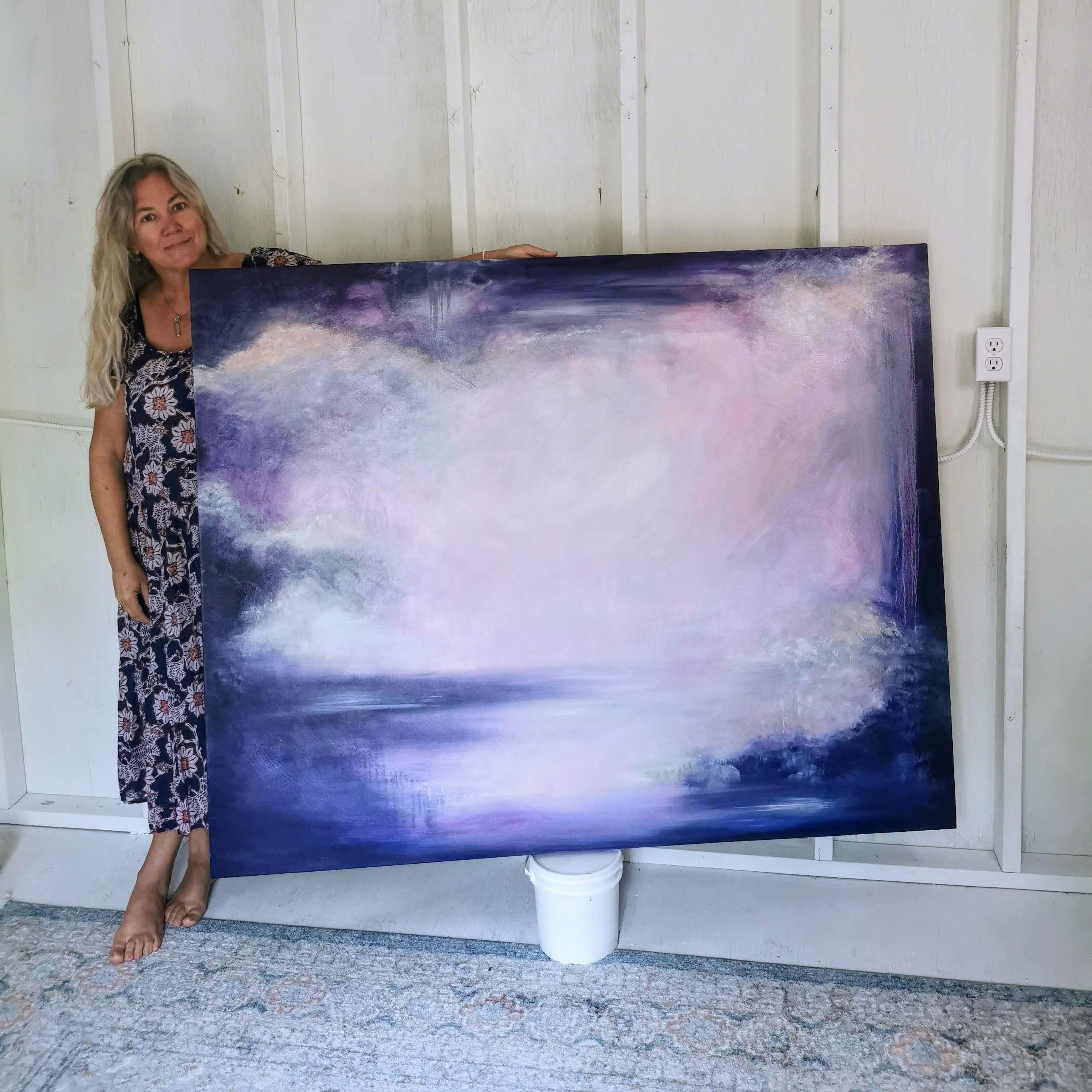 Violet night of the soul - Large violet abstract landscape painting - Gray Abstract Painting by Jennifer L. Baker