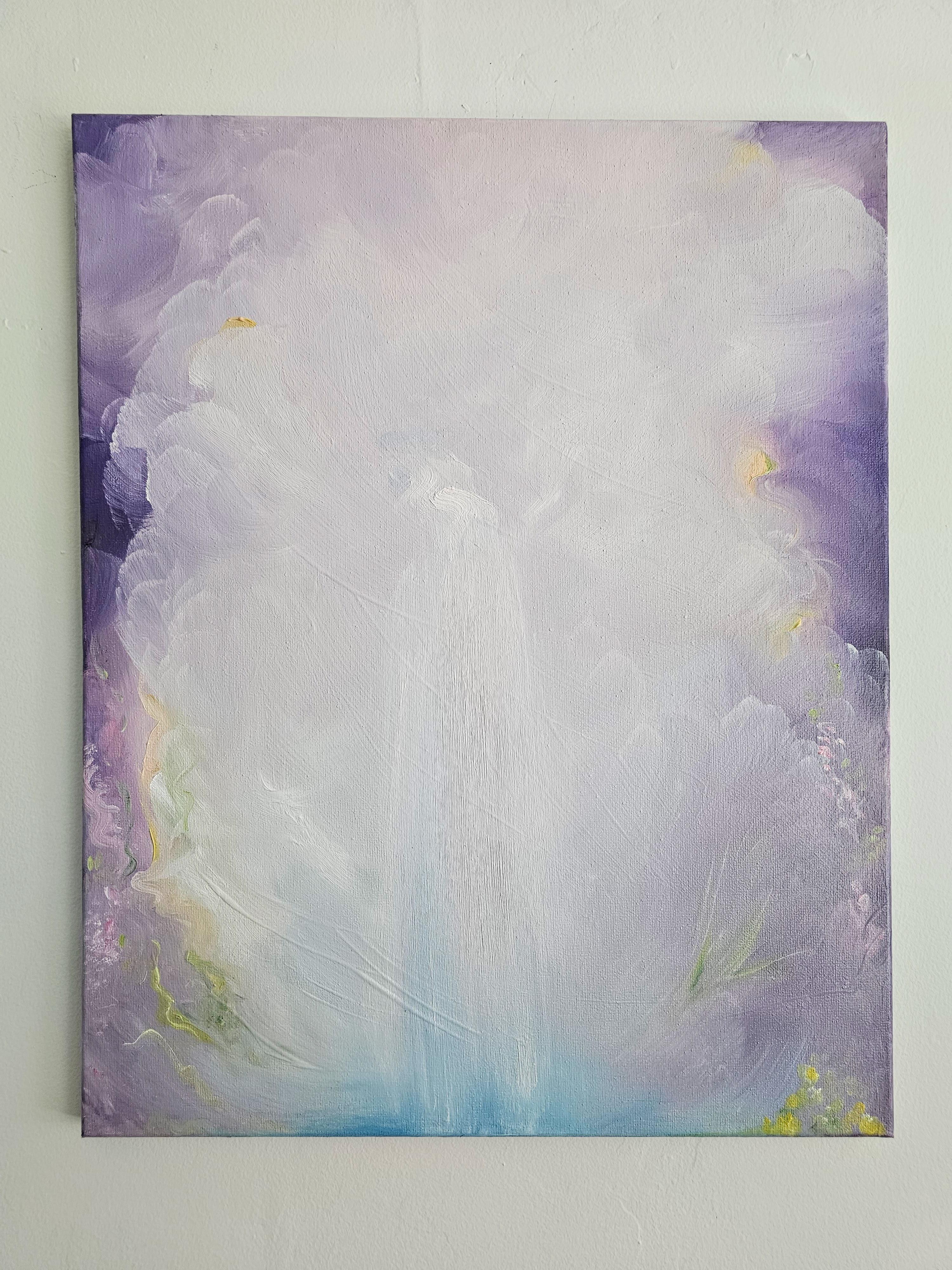 Wasser und Veilchen - Stimmungsvolles verträumtes lila/weißes abstraktes Wasserfallgemälde im Angebot 11