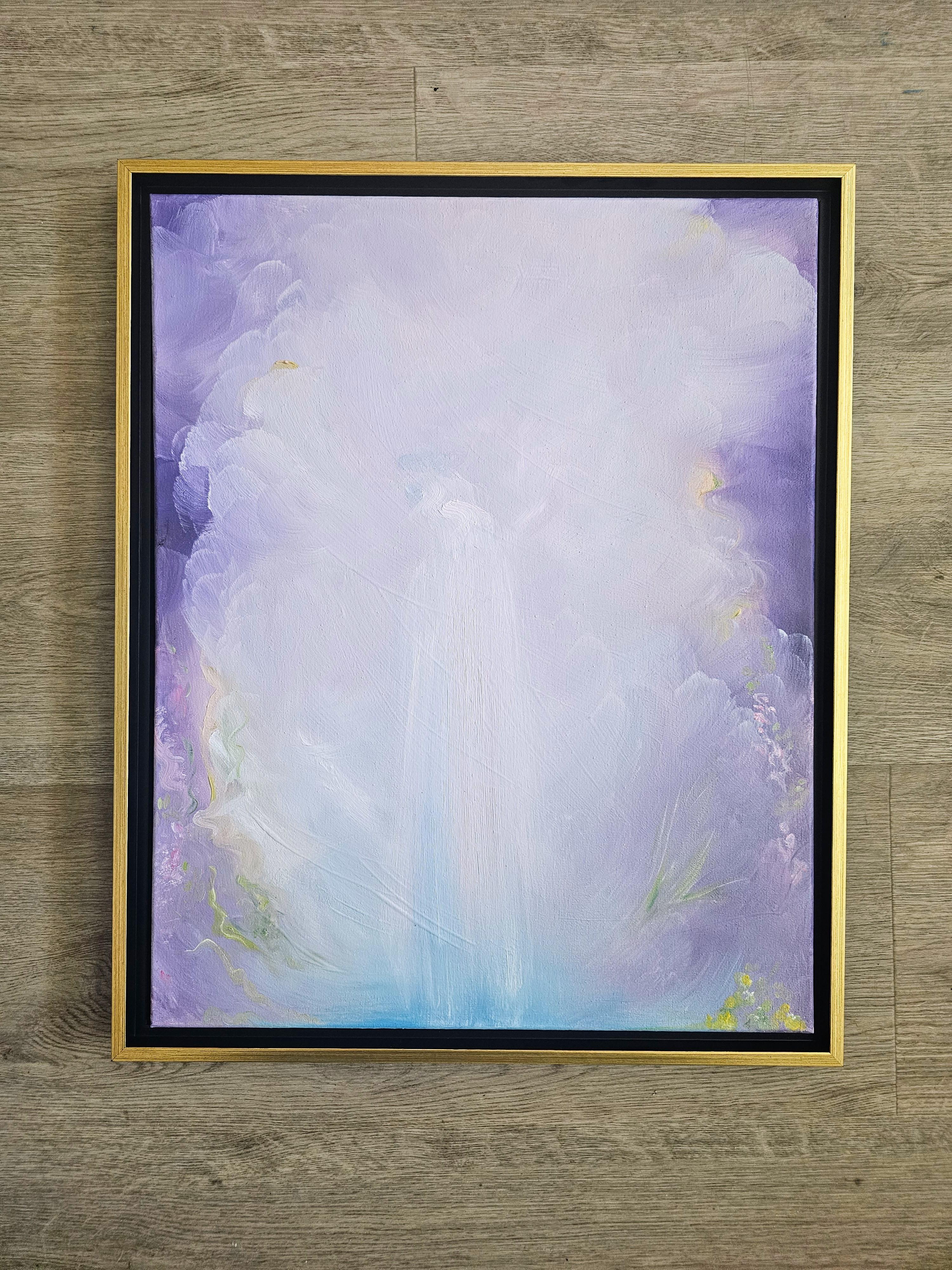 Wasser und Veilchen - Stimmungsvolles verträumtes lila/weißes abstraktes Wasserfallgemälde – Painting von Jennifer L. Baker