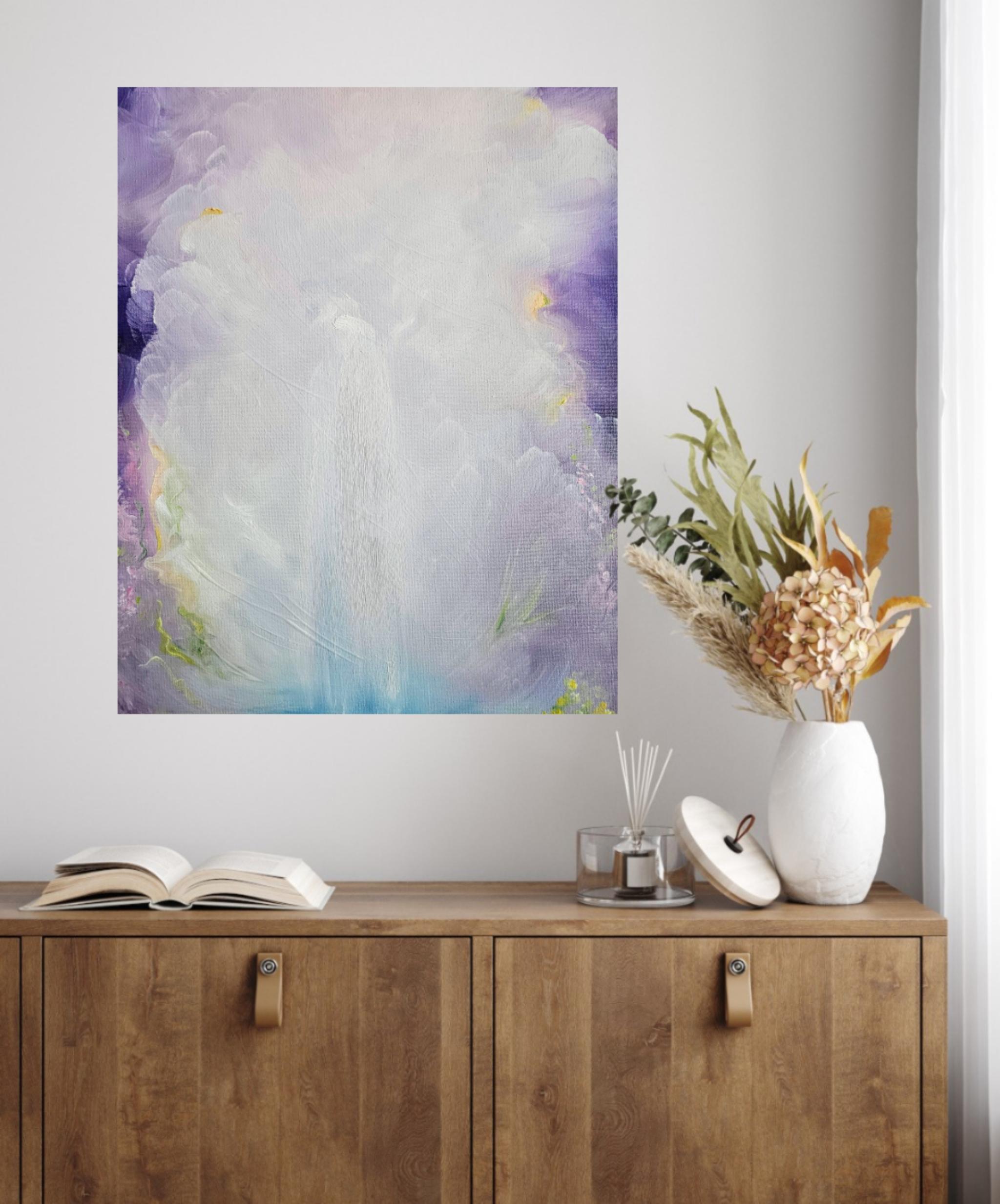 Wasser und Veilchen - Stimmungsvolles verträumtes lila/weißes abstraktes Wasserfallgemälde (Zeitgenössisch), Painting, von Jennifer L. Baker