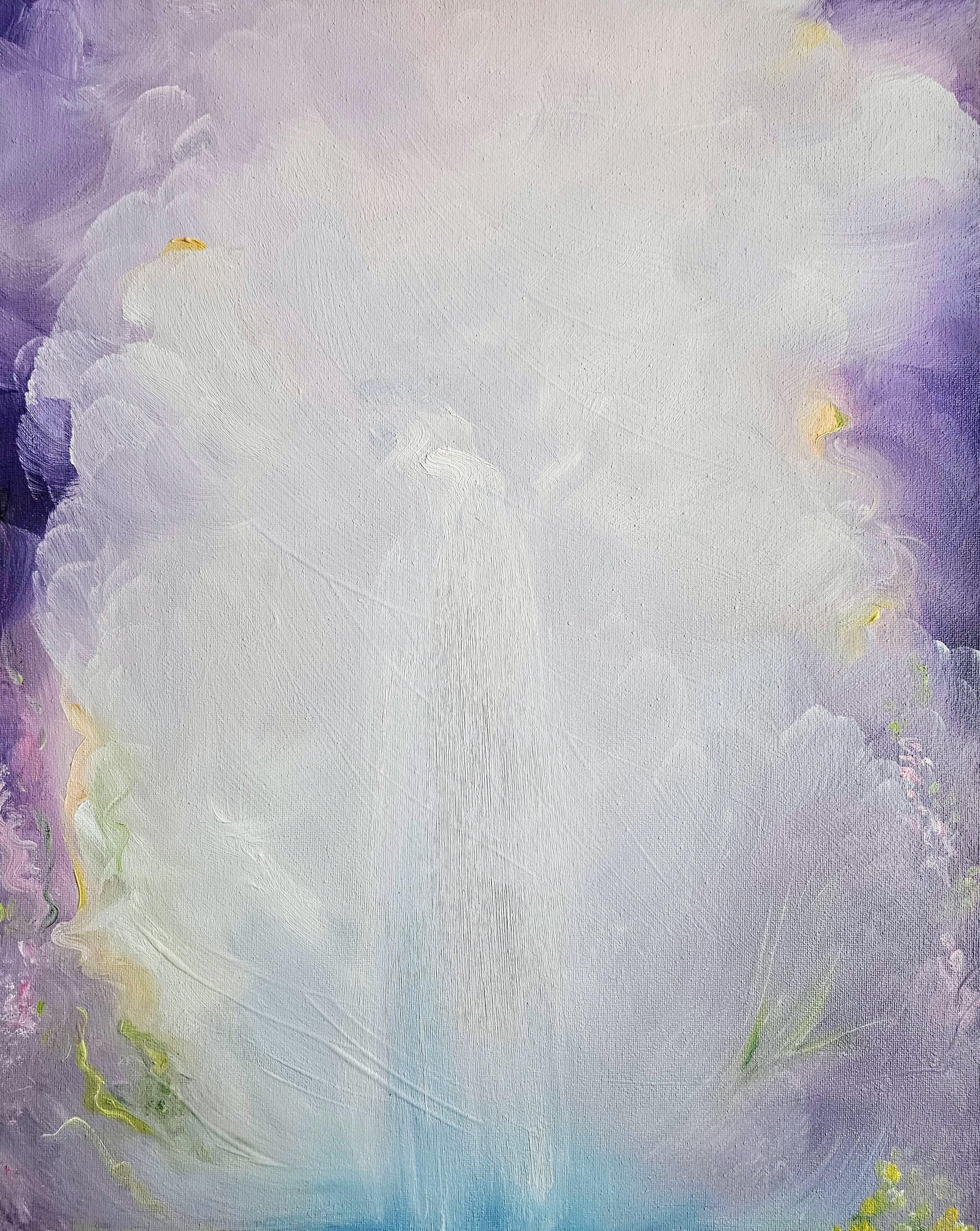 Jennifer L. Baker Landscape Painting – Wasser und Veilchen - Stimmungsvolles verträumtes lila/weißes abstraktes Wasserfallgemälde