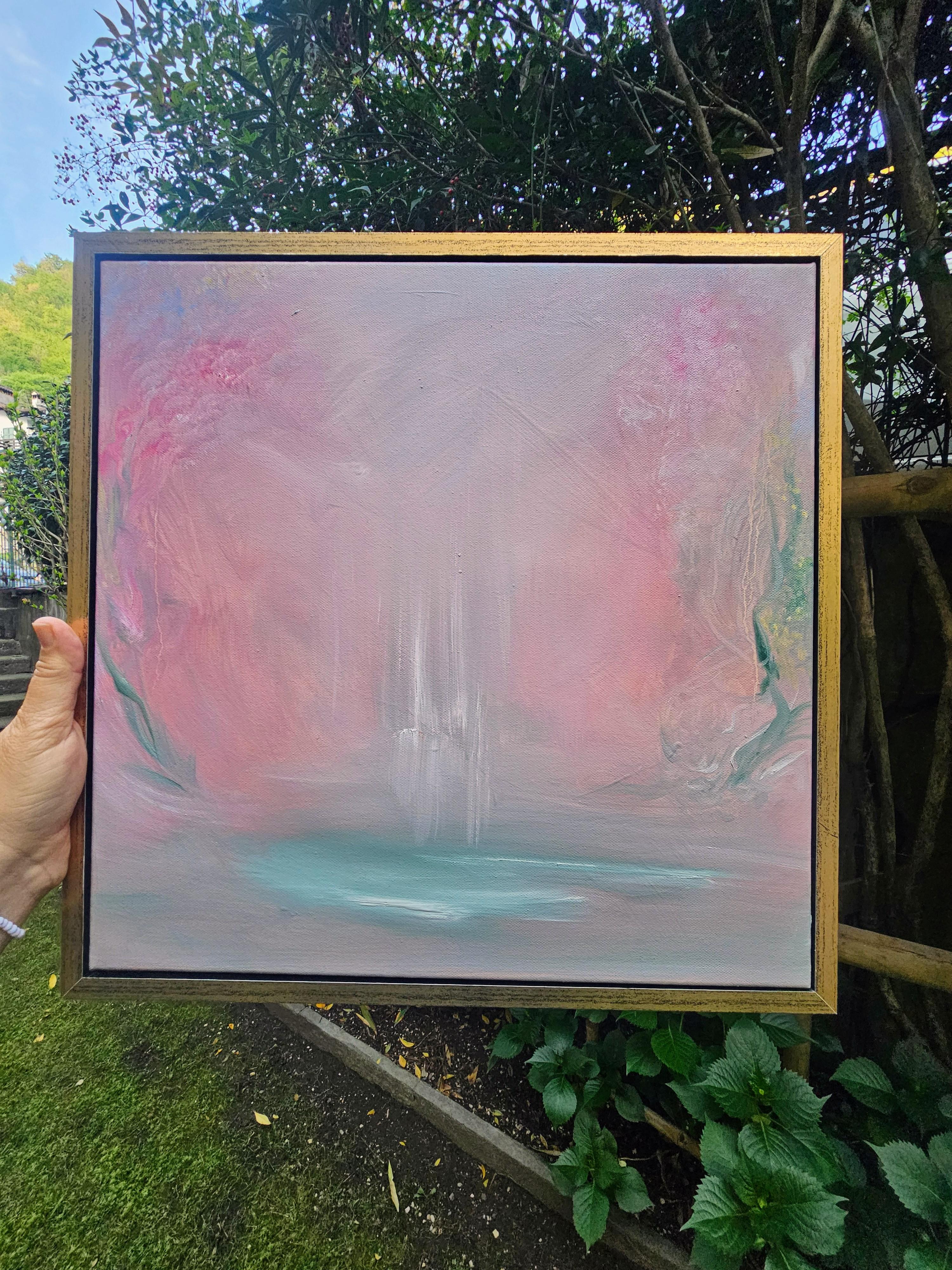 Water baby - Framed pink abstract floral nature painting - Painting by Jennifer L. Baker