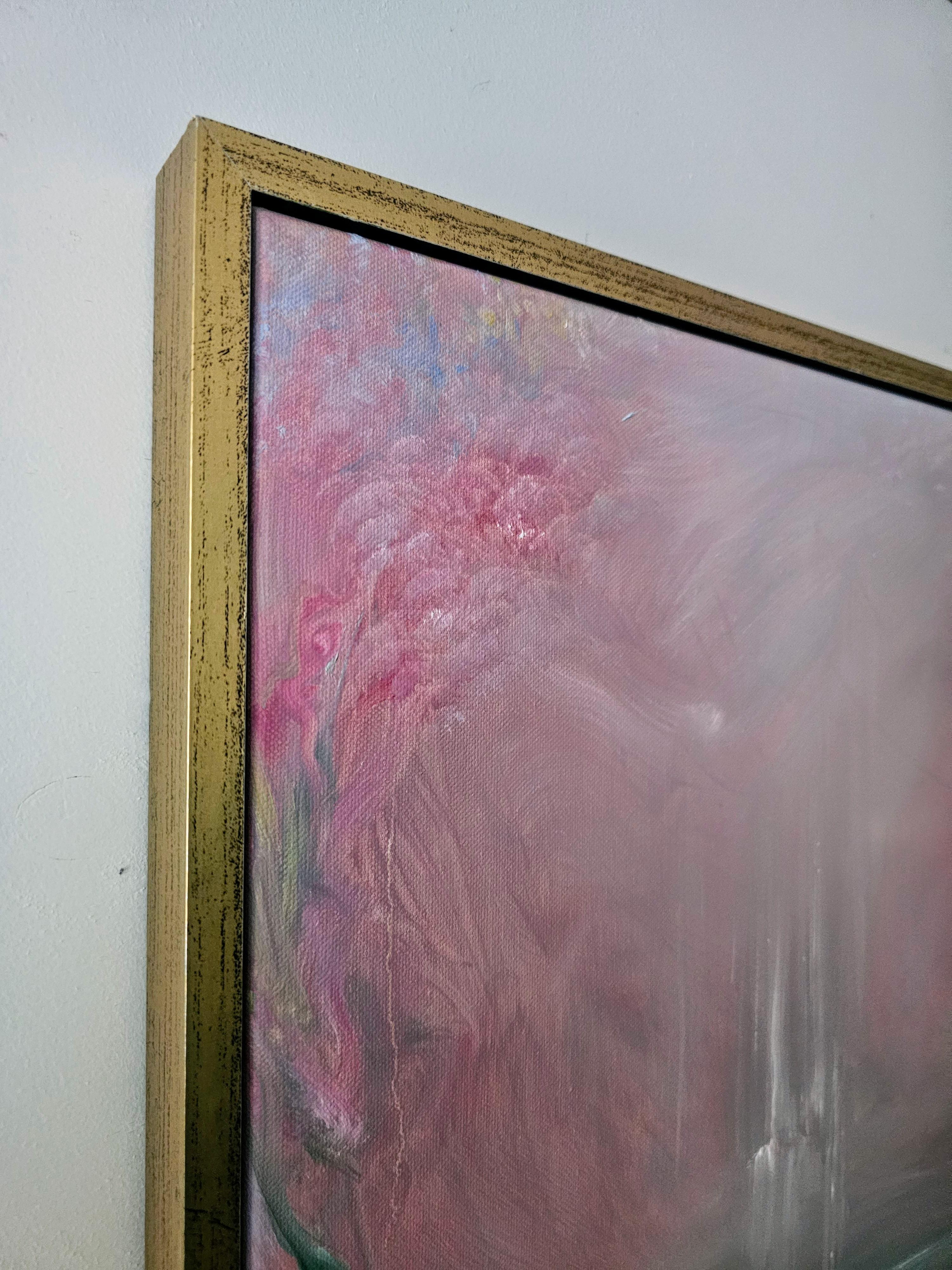 Water baby - Framed pink abstract floral nature painting - Abstract Impressionist Painting by Jennifer L. Baker