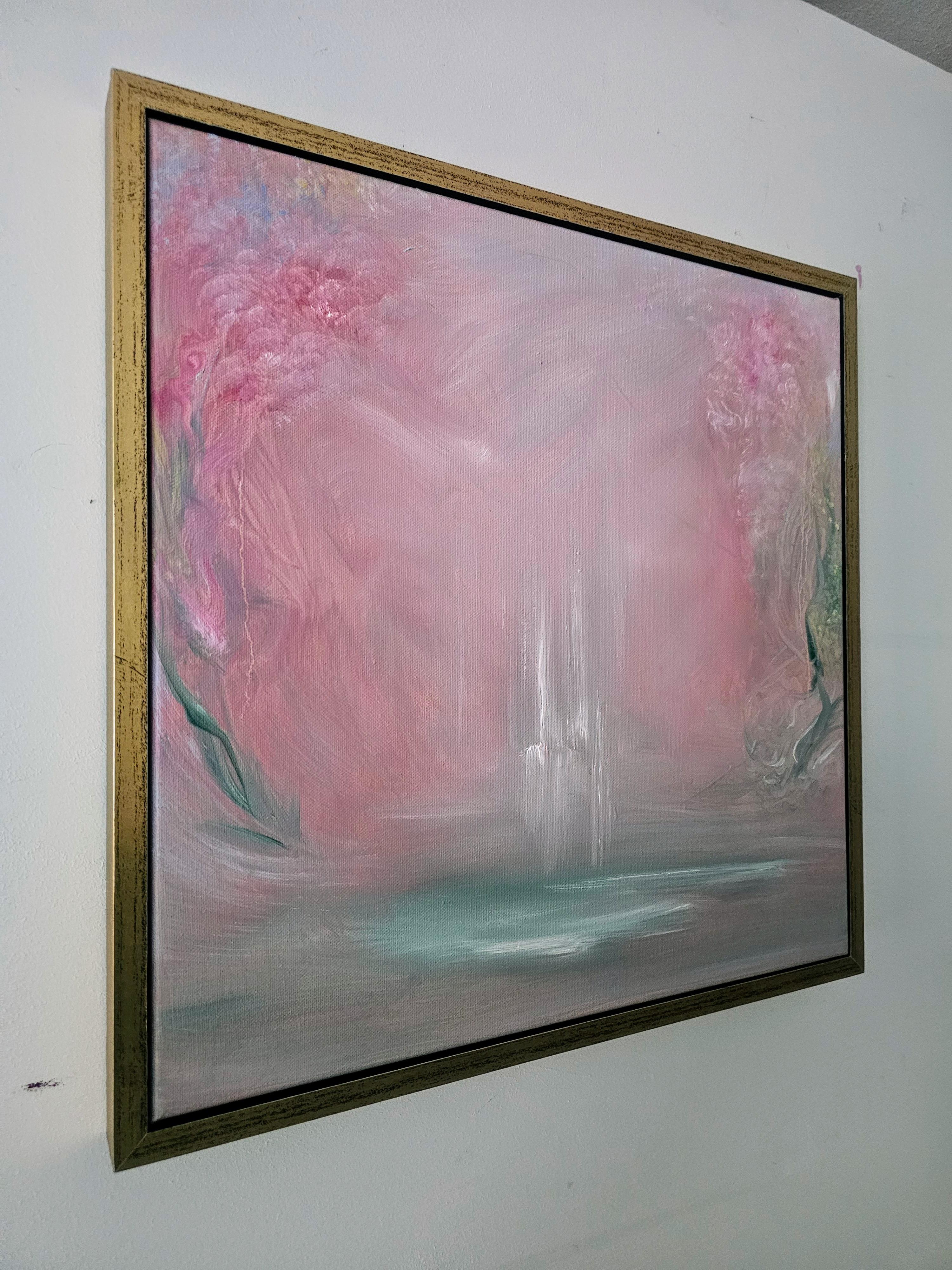 Wasserbaby - Gerahmtes rosa abstraktes florales Natur Gemälde (Grau), Abstract Painting, von Jennifer L. Baker