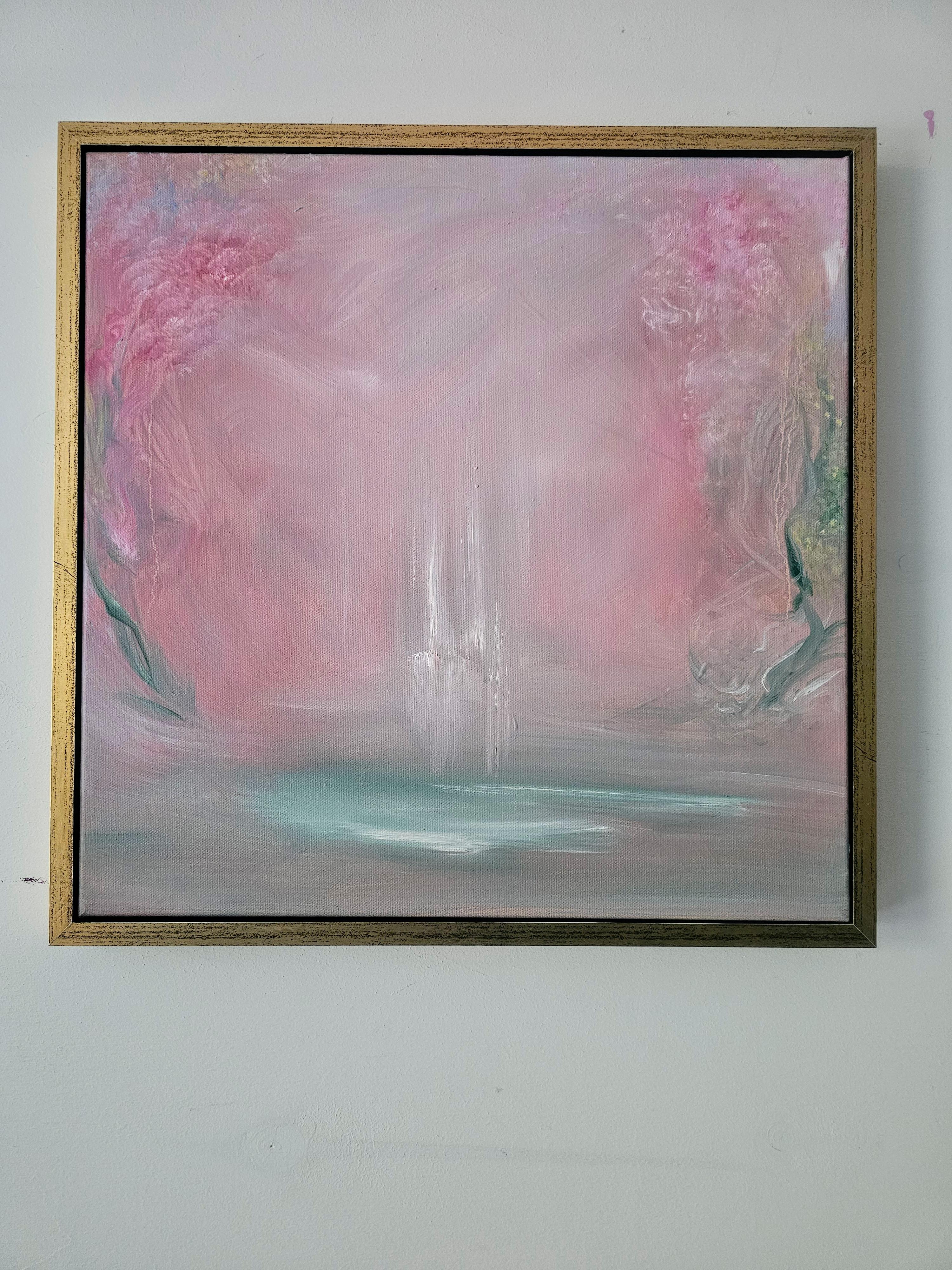 Wasserbaby - Gerahmtes rosa abstraktes florales Natur Gemälde im Angebot 1