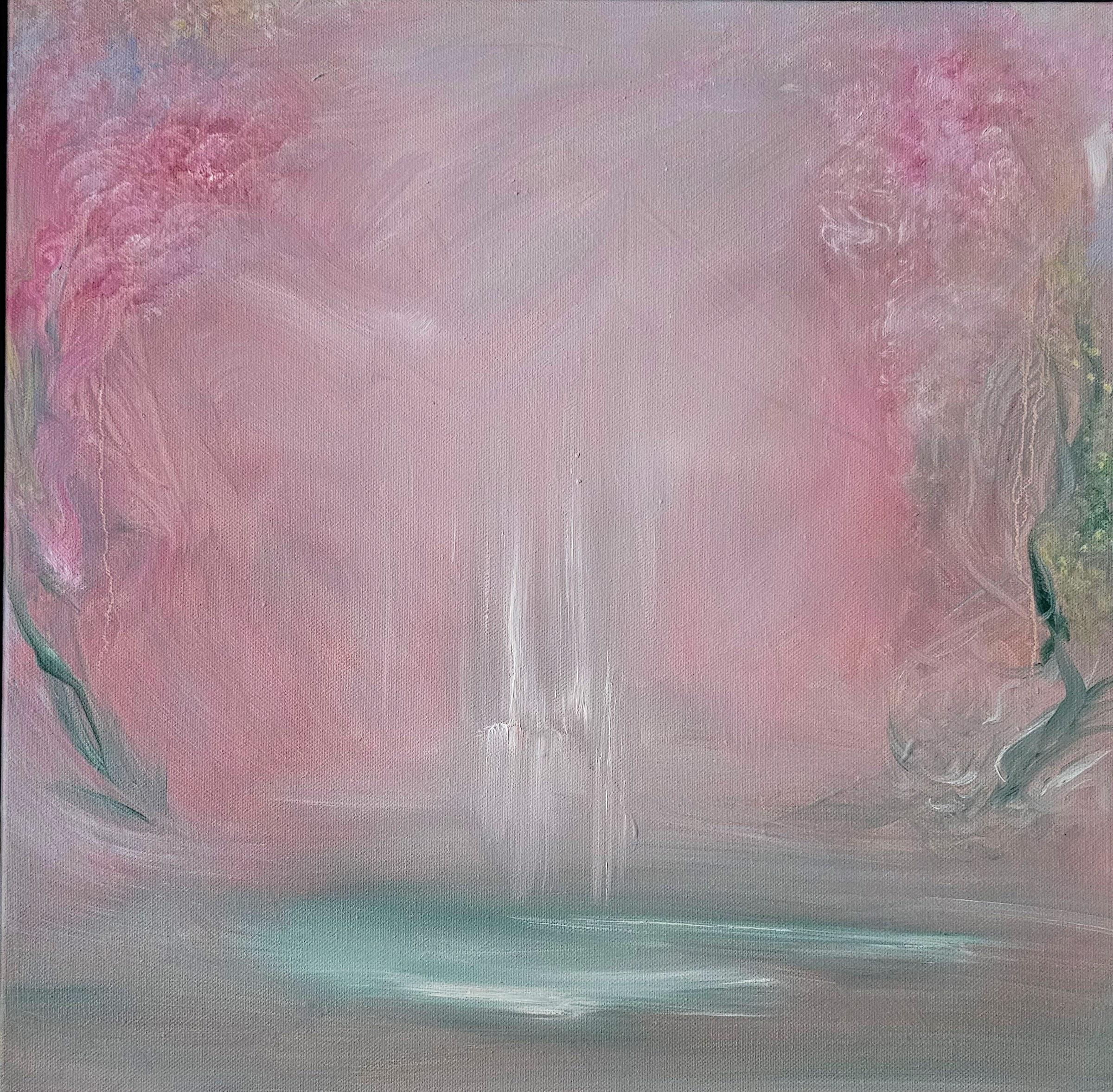 Jennifer L. Baker Abstract Painting - Water baby - Framed pink abstract floral nature painting