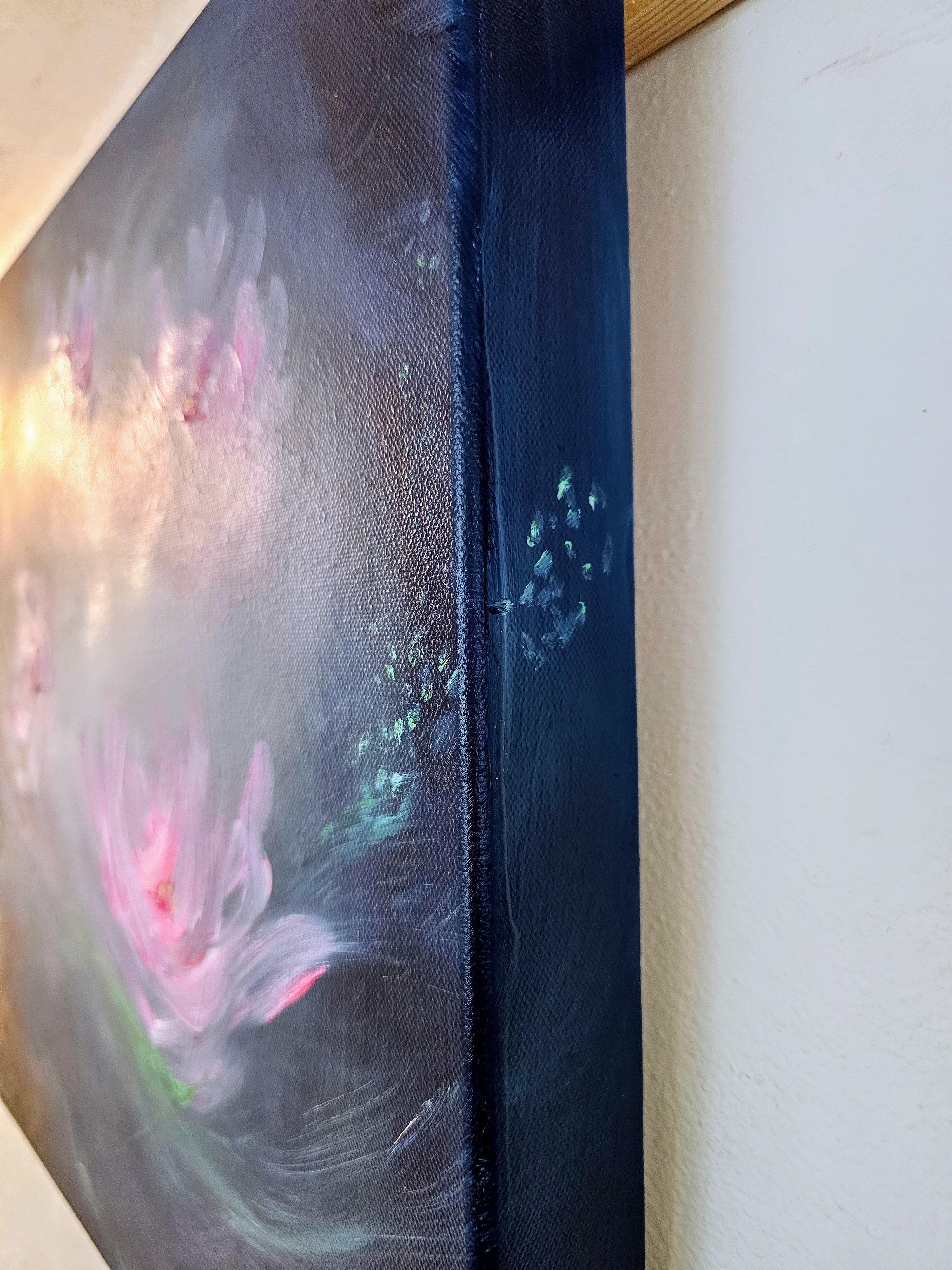 Nénuphar ange - Peinture abstraite de nénuphars bleu et rose vibrant en vente 5
