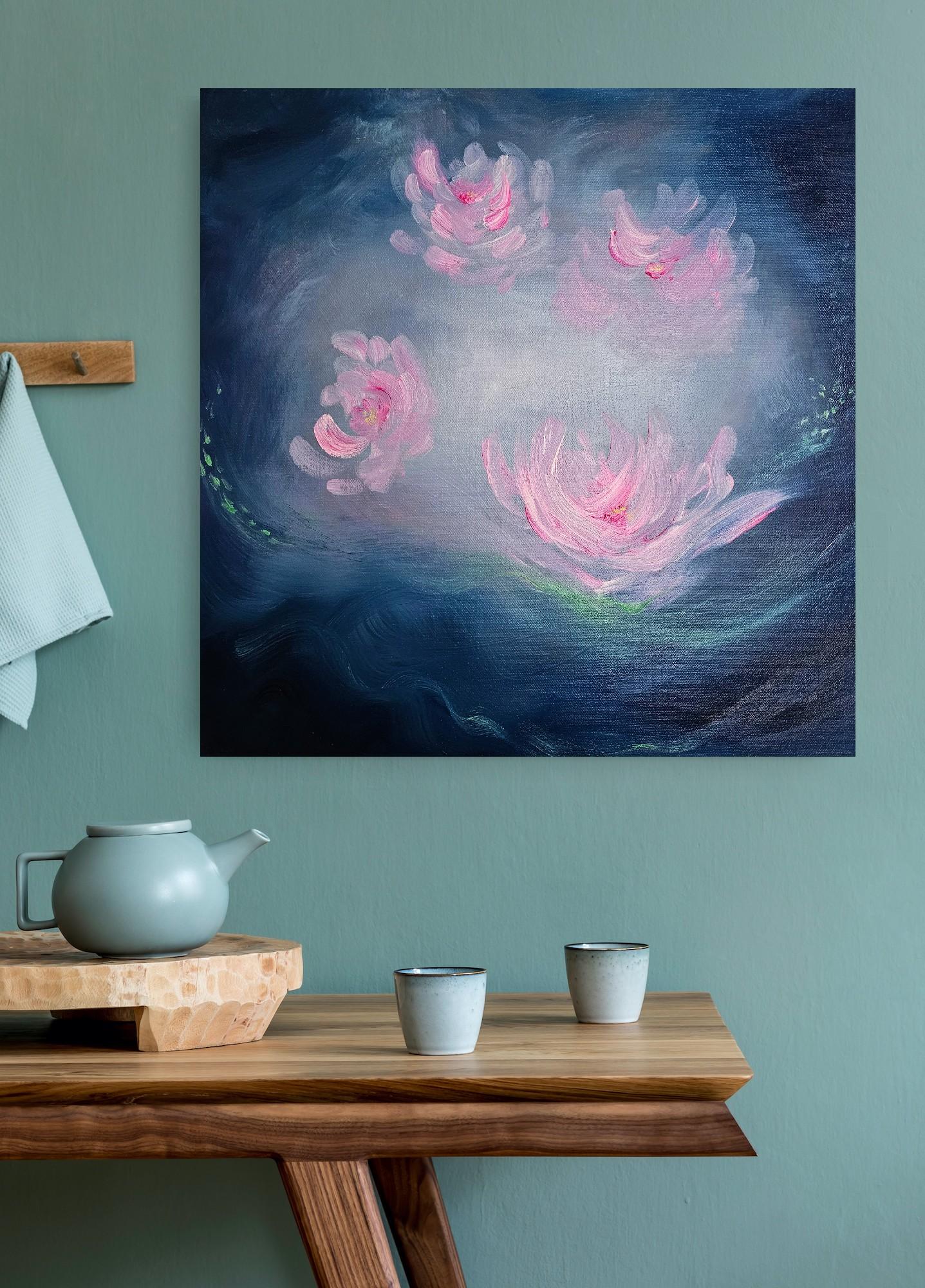 Nénuphar ange - Peinture abstraite de nénuphars bleu et rose vibrant en vente 6
