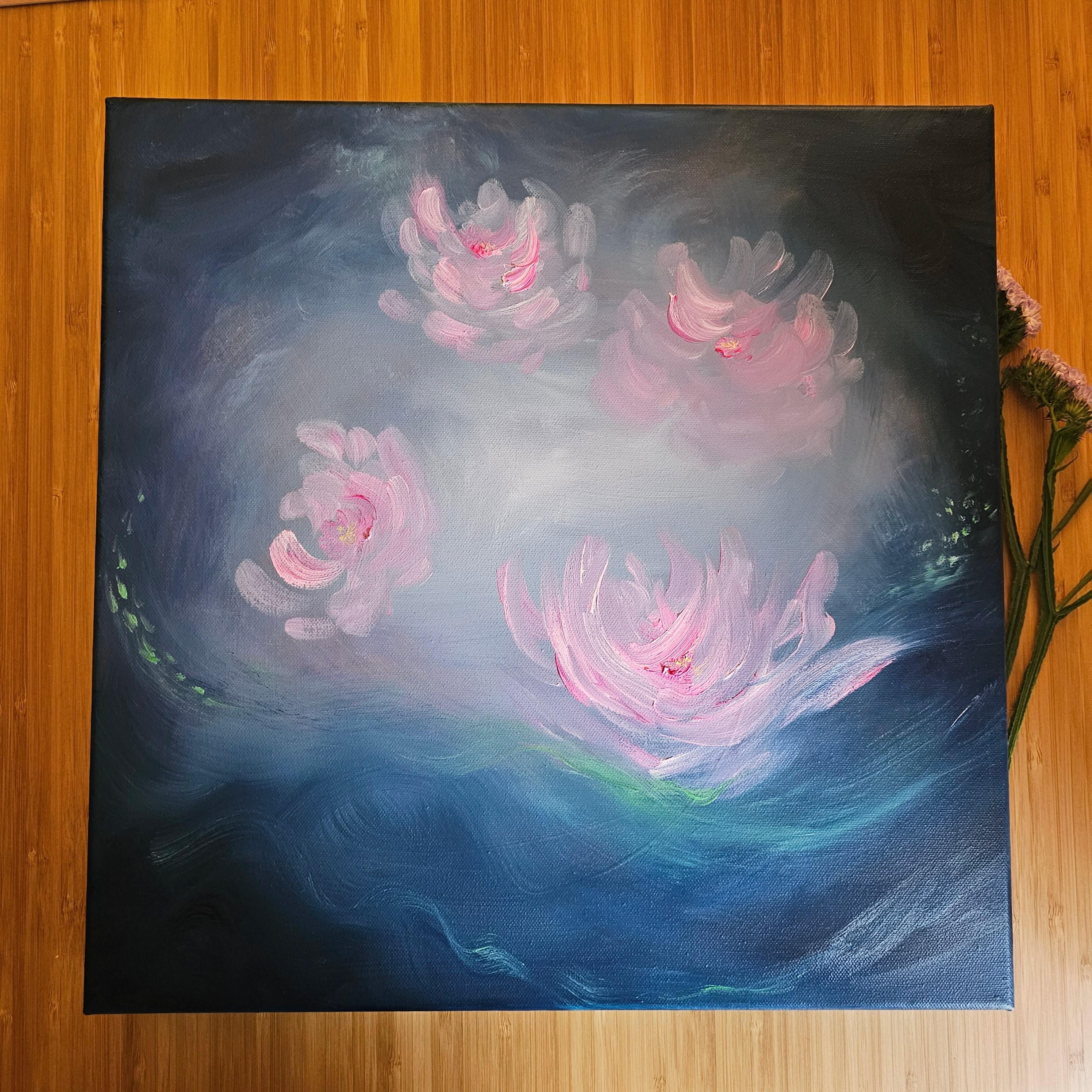 Nénuphar ange - Peinture abstraite de nénuphars bleu et rose vibrant - Painting de Jennifer L. Baker