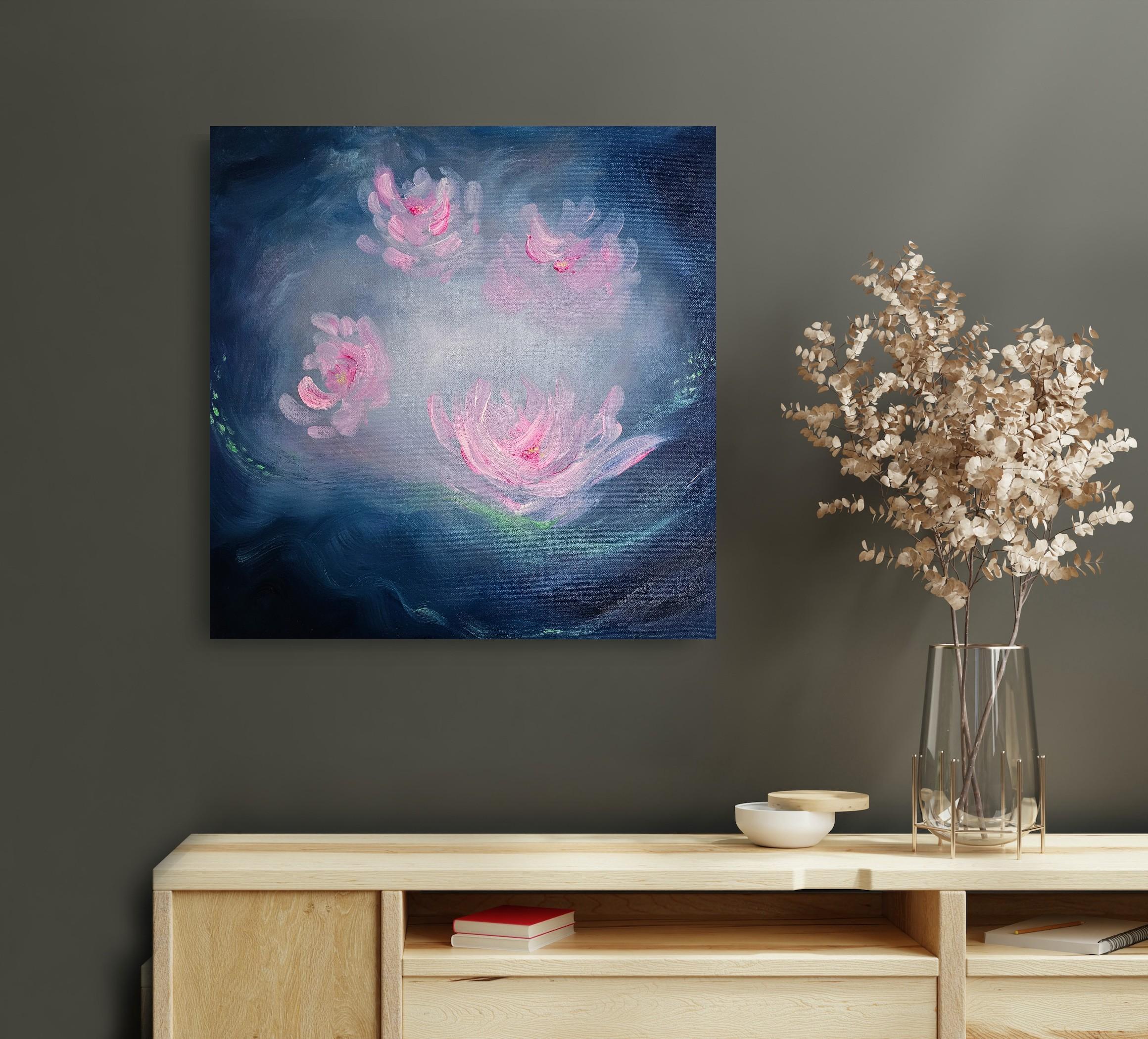 Nénuphar ange - Peinture abstraite de nénuphars bleu et rose vibrant - Contemporain Painting par Jennifer L. Baker