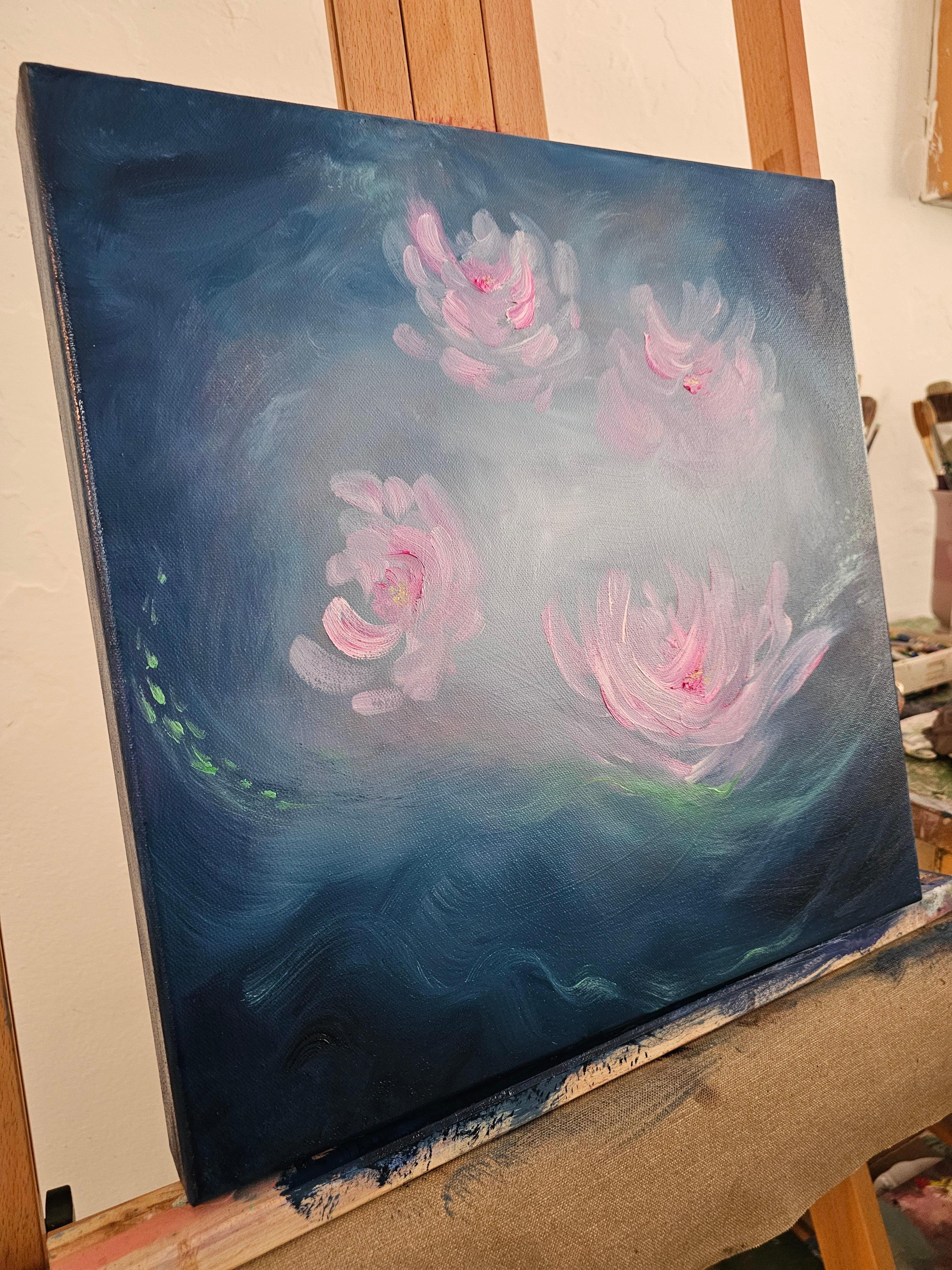 Nénuphar ange - Peinture abstraite de nénuphars bleu et rose vibrant en vente 1