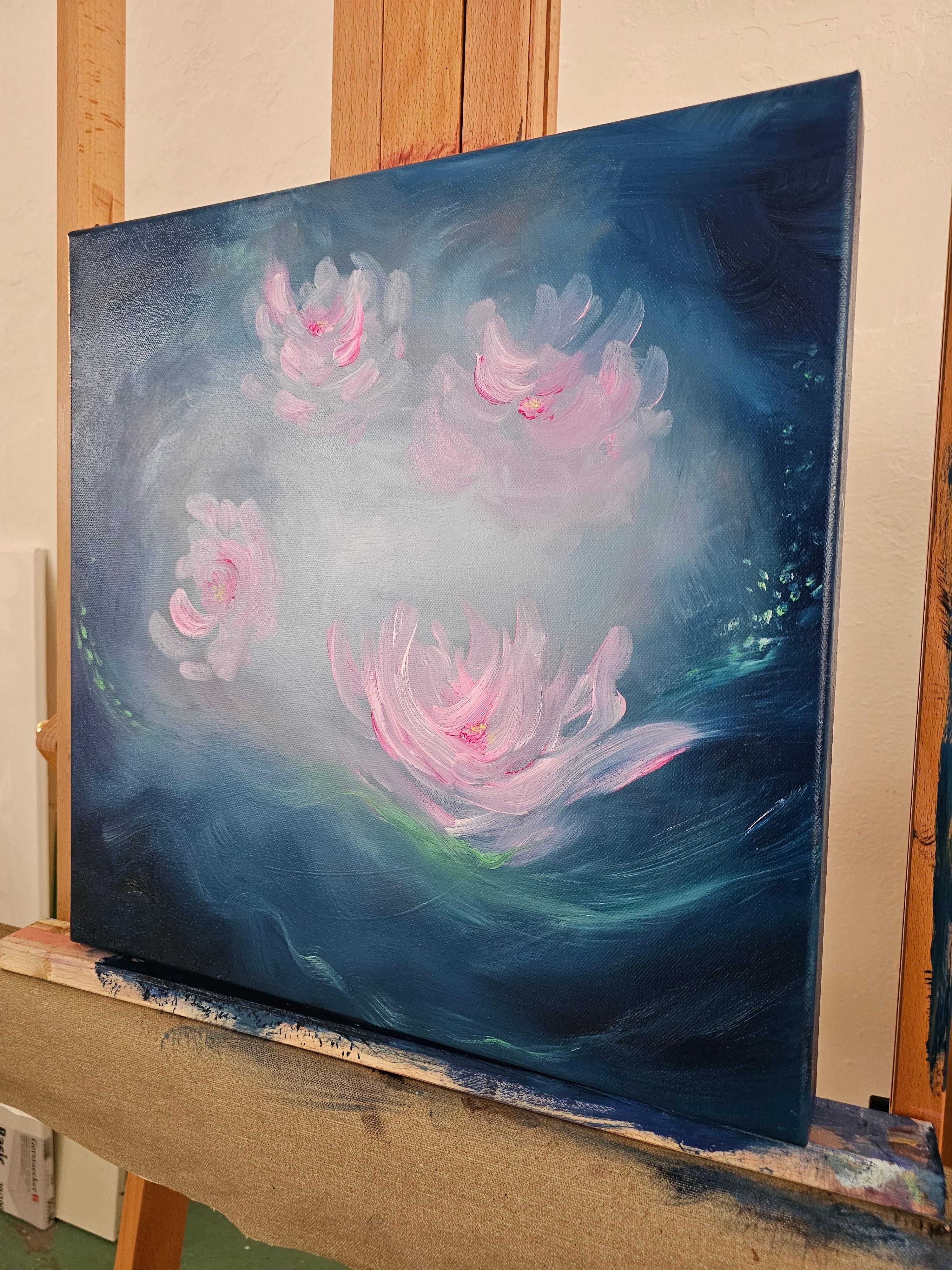 Nénuphar ange - Peinture abstraite de nénuphars bleu et rose vibrant en vente 2