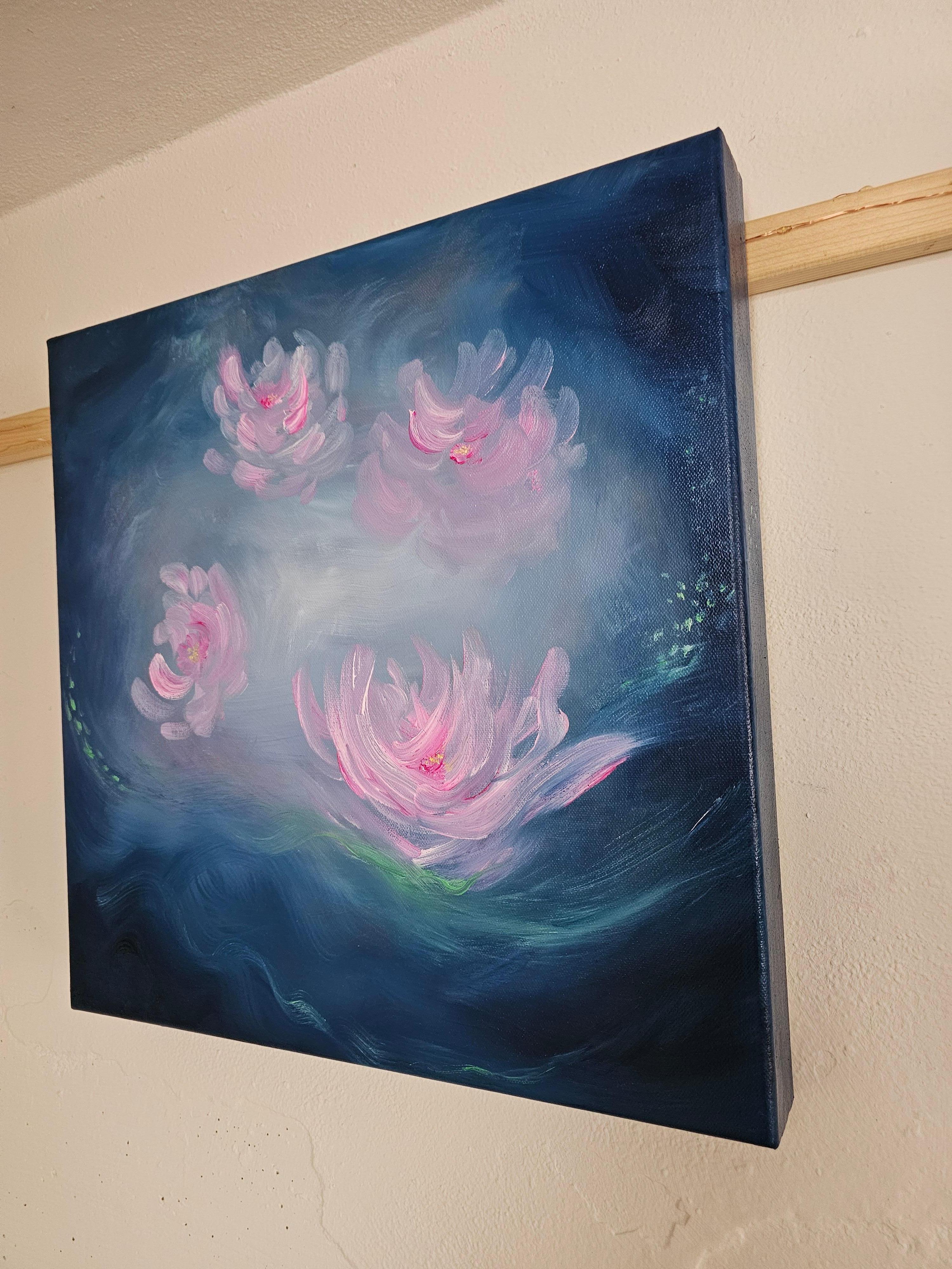 Nénuphar ange - Peinture abstraite de nénuphars bleu et rose vibrant en vente 3