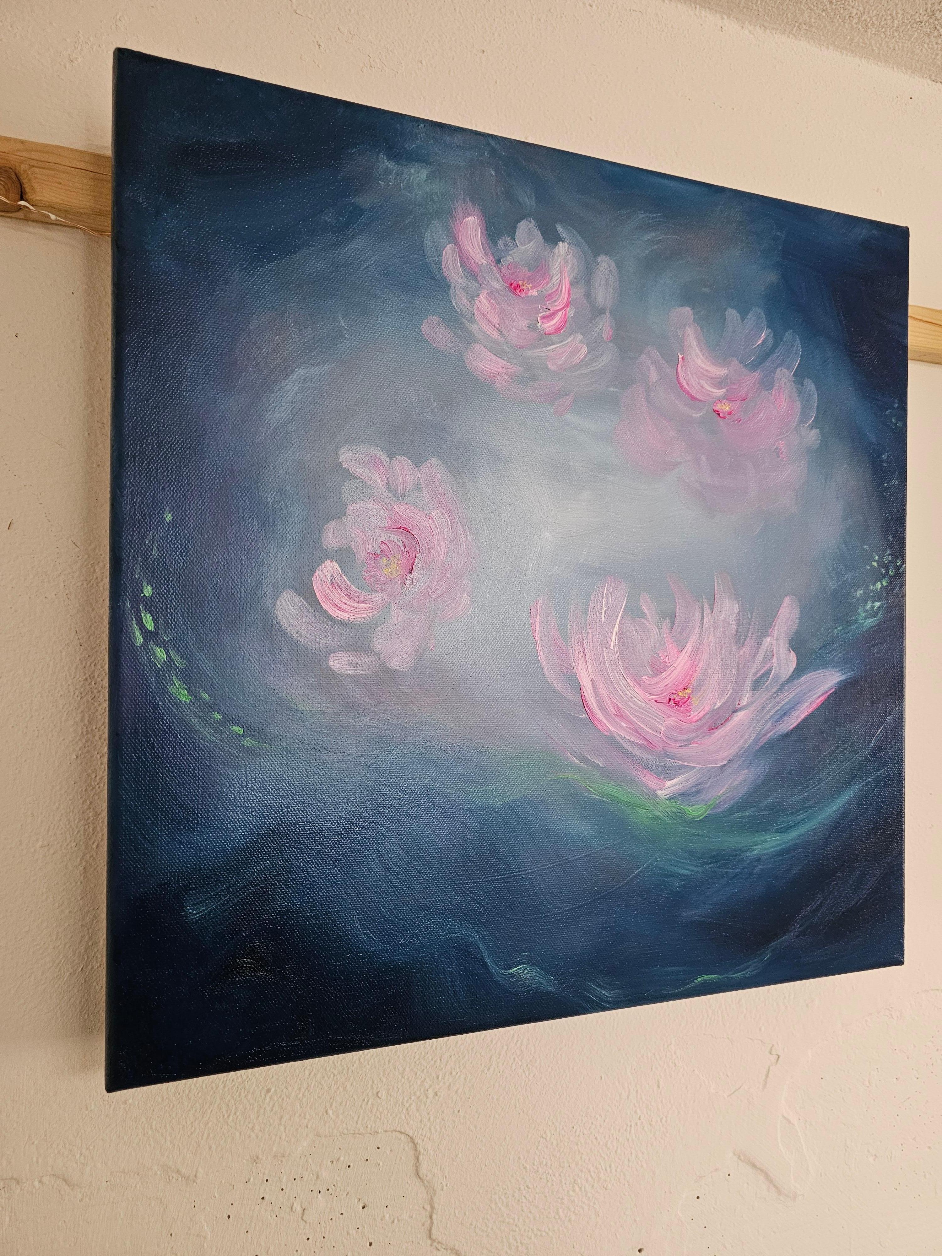 Nénuphar ange - Peinture abstraite de nénuphars bleu et rose vibrant en vente 4