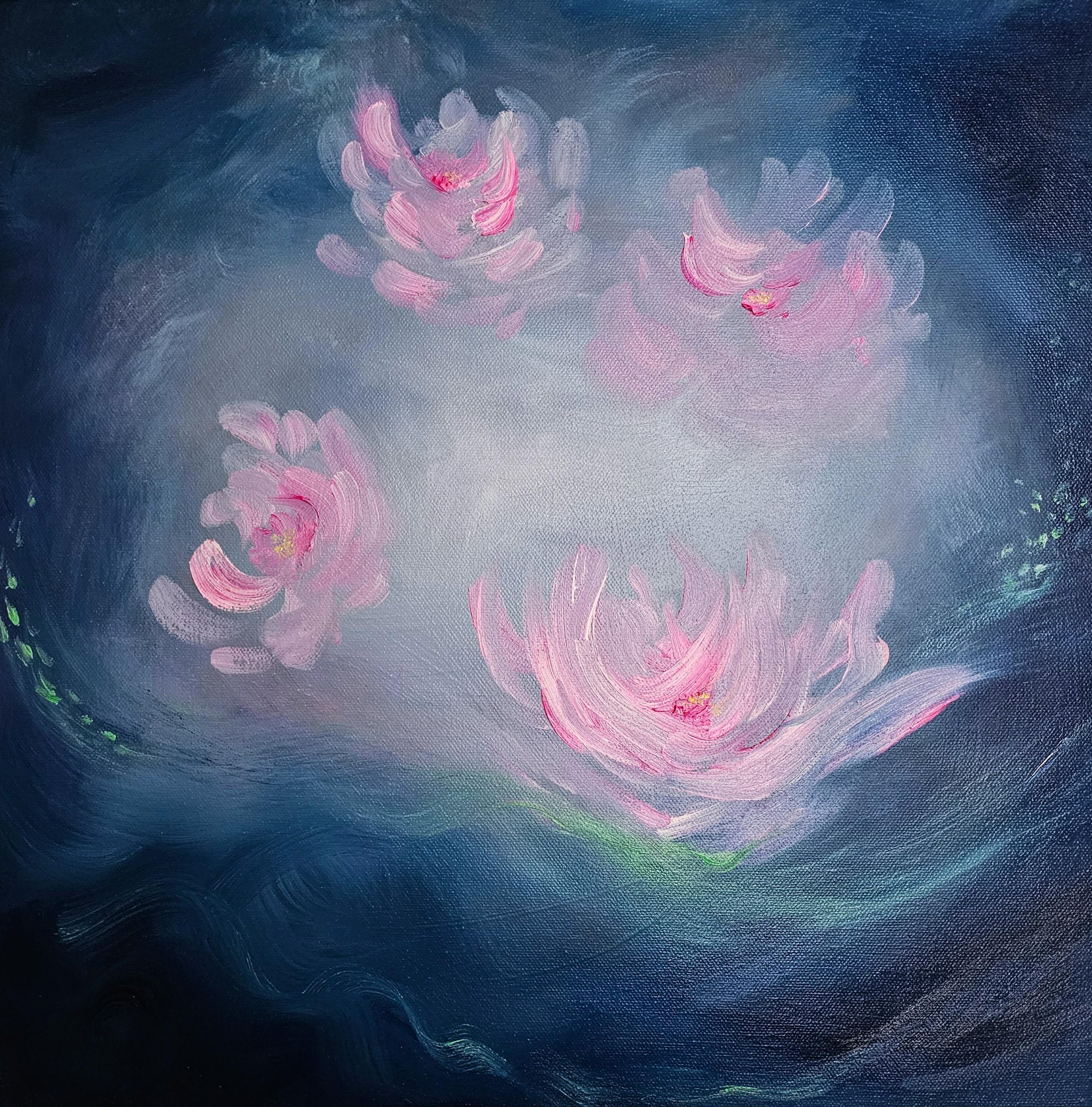 Abstract Painting Jennifer L. Baker - Nénuphar ange - Peinture abstraite de nénuphars bleu et rose vibrant
