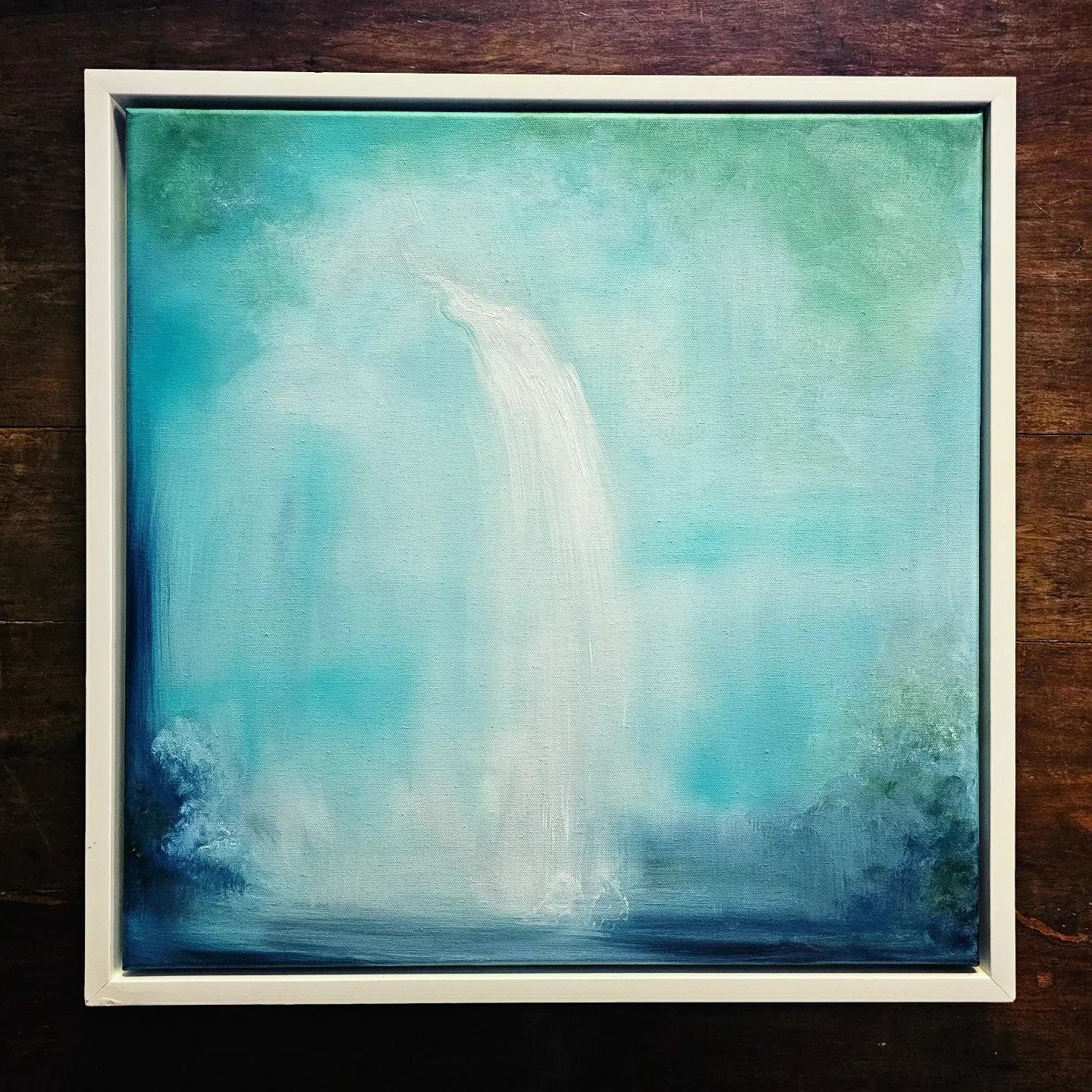 Wellspring is a dancing water interpretation, he new spring and rains creating new life and power in nature. In a beautiful palette of greens, blues, and yellows. A perfect size mounted in an elegant simple white floater frame.