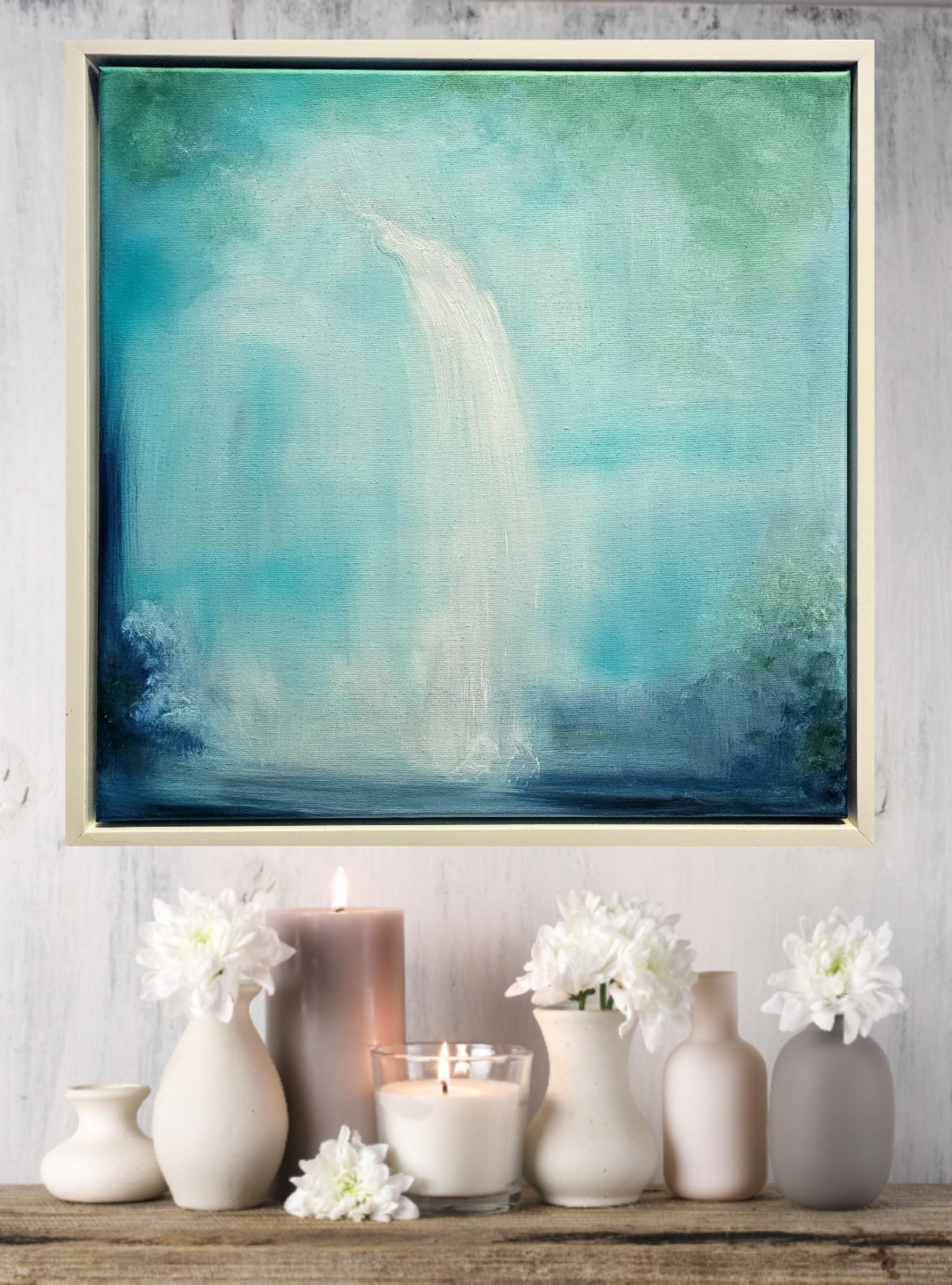 Wellspring is a dancing water interpretation, he new spring and rains creating new life and power in nature. In a beautiful palette of greens, blues, and yellows. A perfect size mounted in an elegant simple white floater frame.