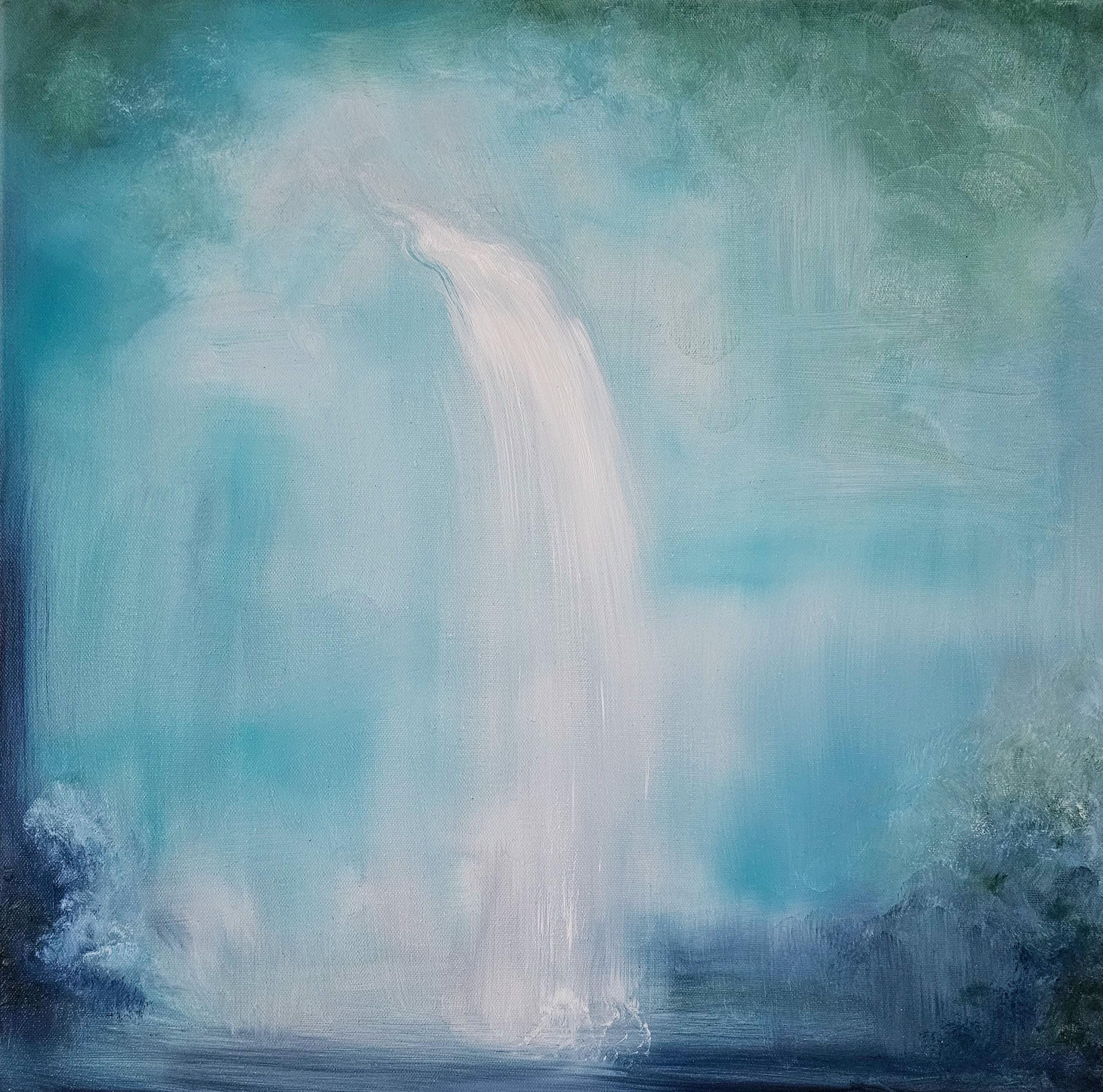Jennifer L. Baker Landscape Painting - Wellspring - Green, blue and yellow abstract water landscape