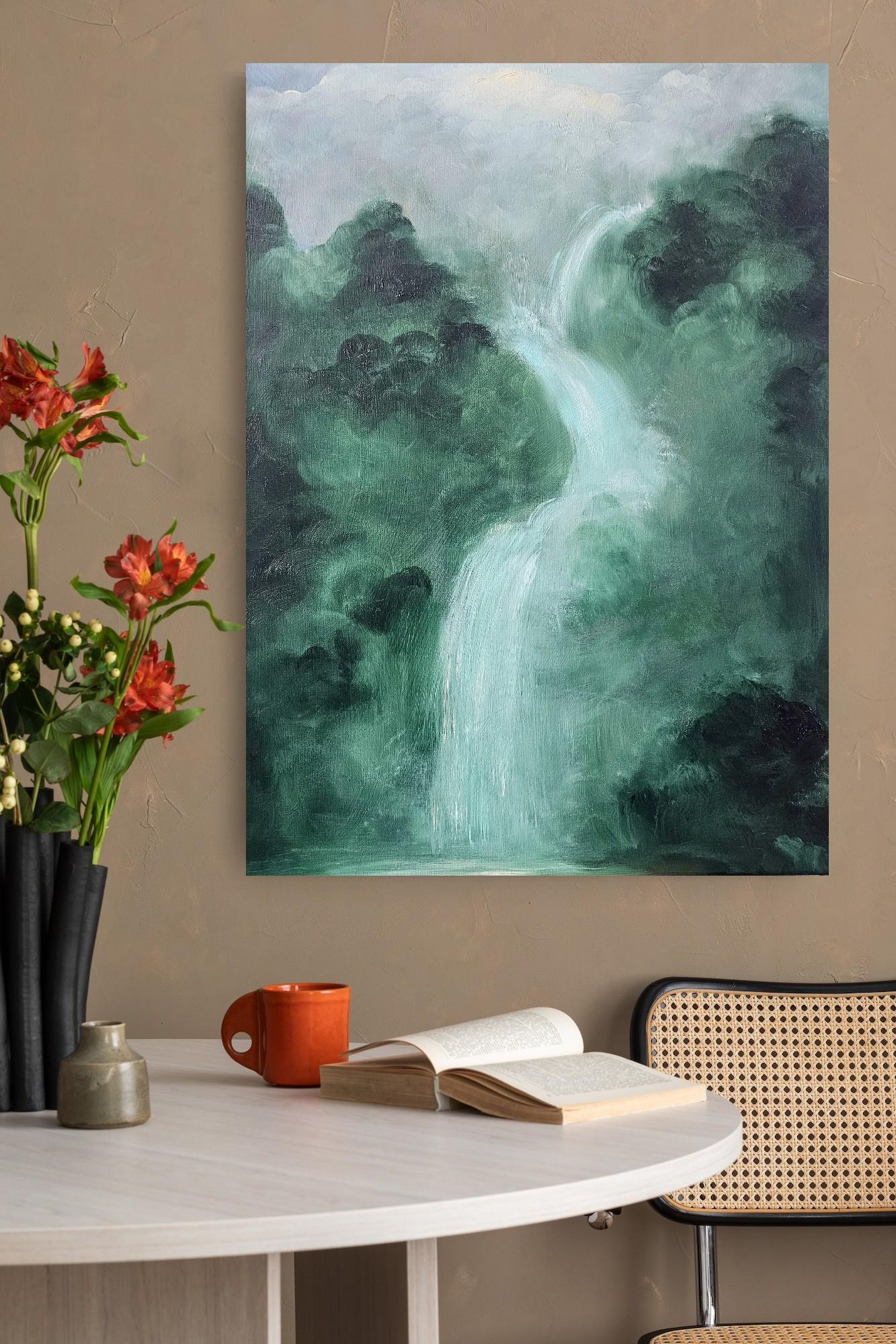 Lo que el agua me dio - Pintura verde abstracta de paisaje en cascada en venta 5