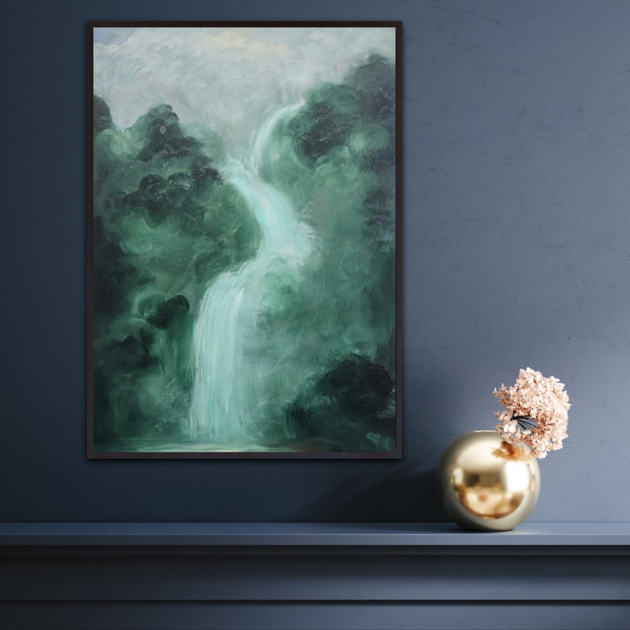 Lo que el agua me dio - Pintura verde abstracta de paisaje en cascada en venta 6