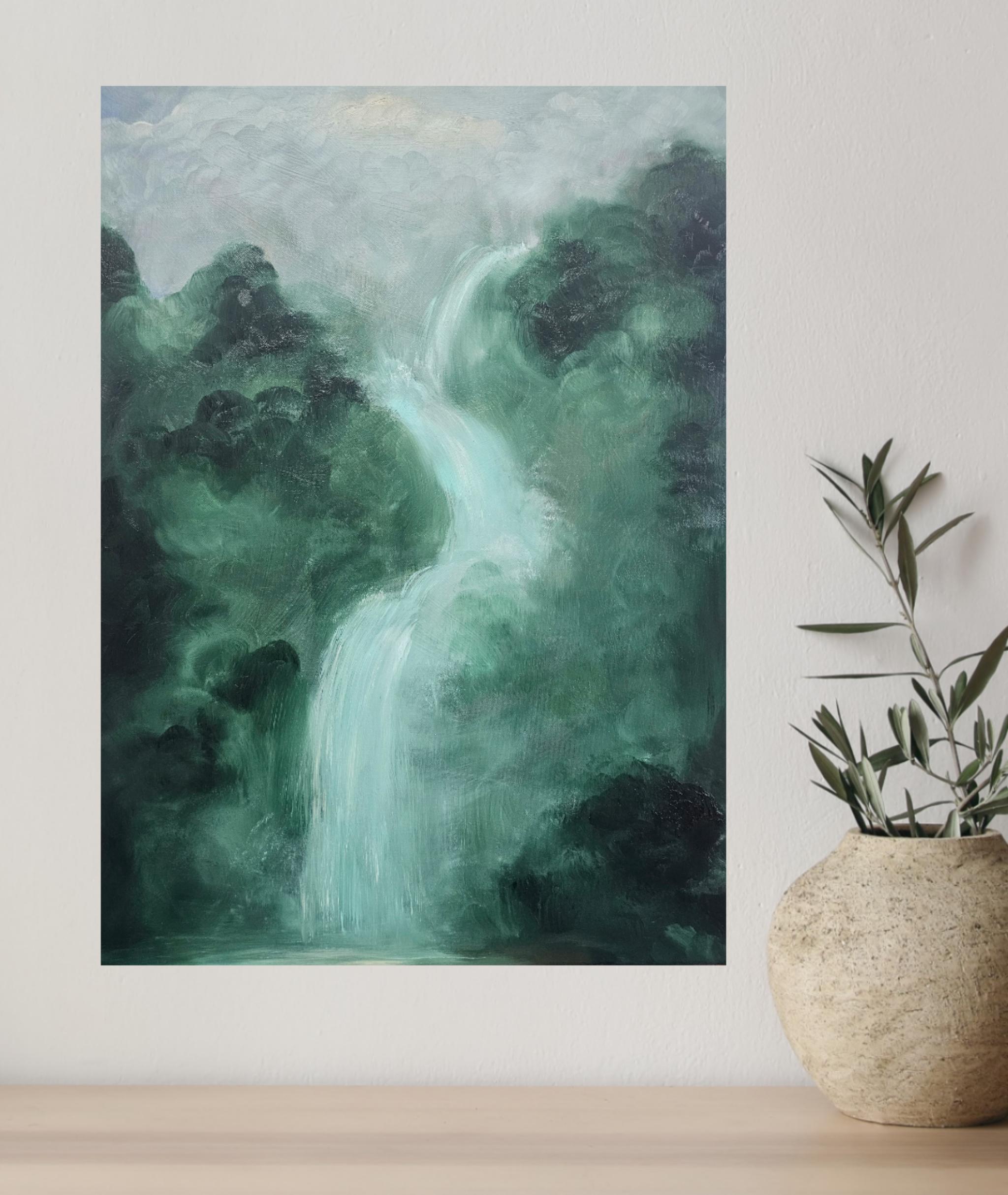 Lo que el agua me dio - Pintura verde abstracta de paisaje en cascada en venta 7