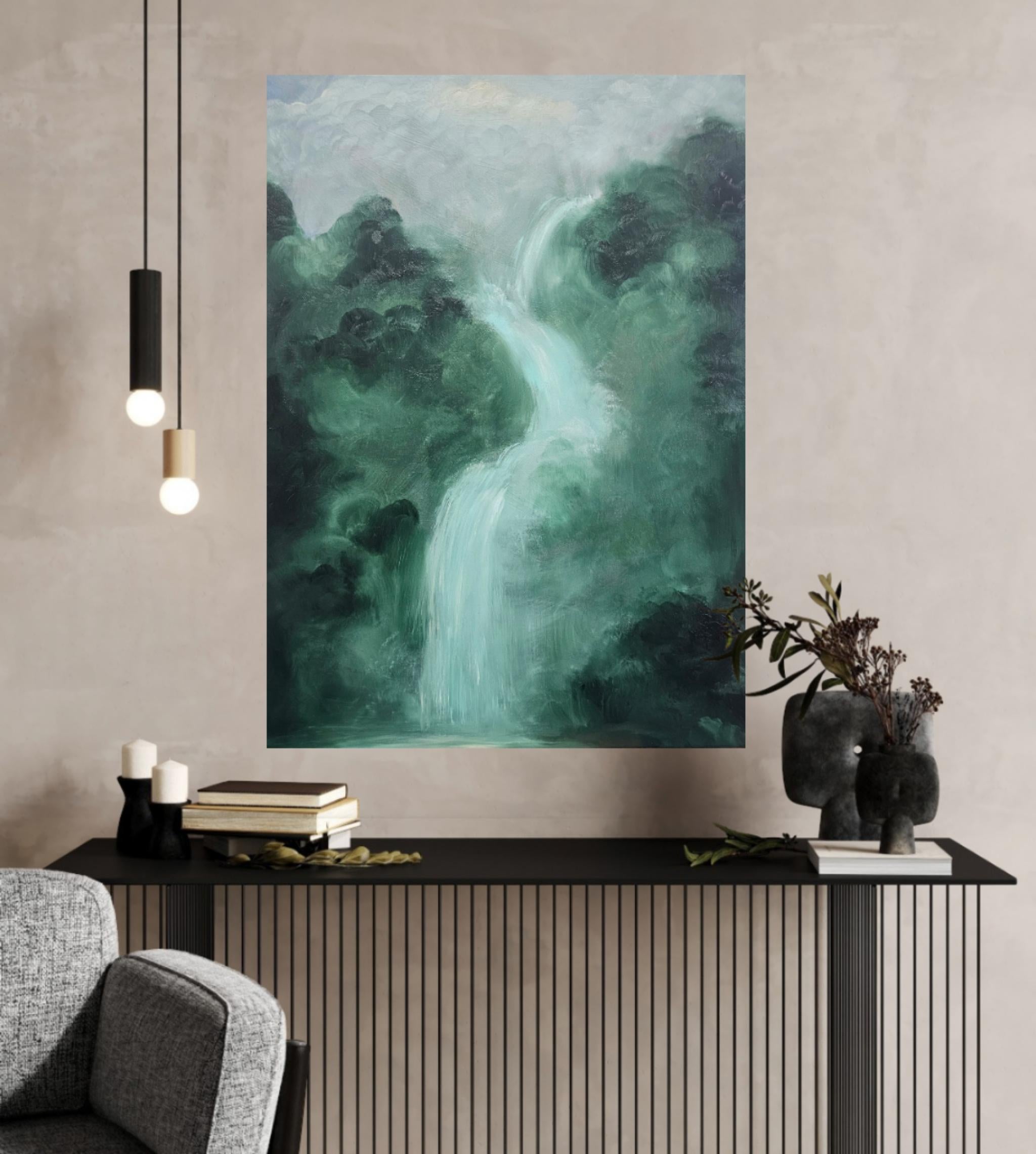 Lo que el agua me dio - Pintura verde abstracta de paisaje en cascada en venta 8