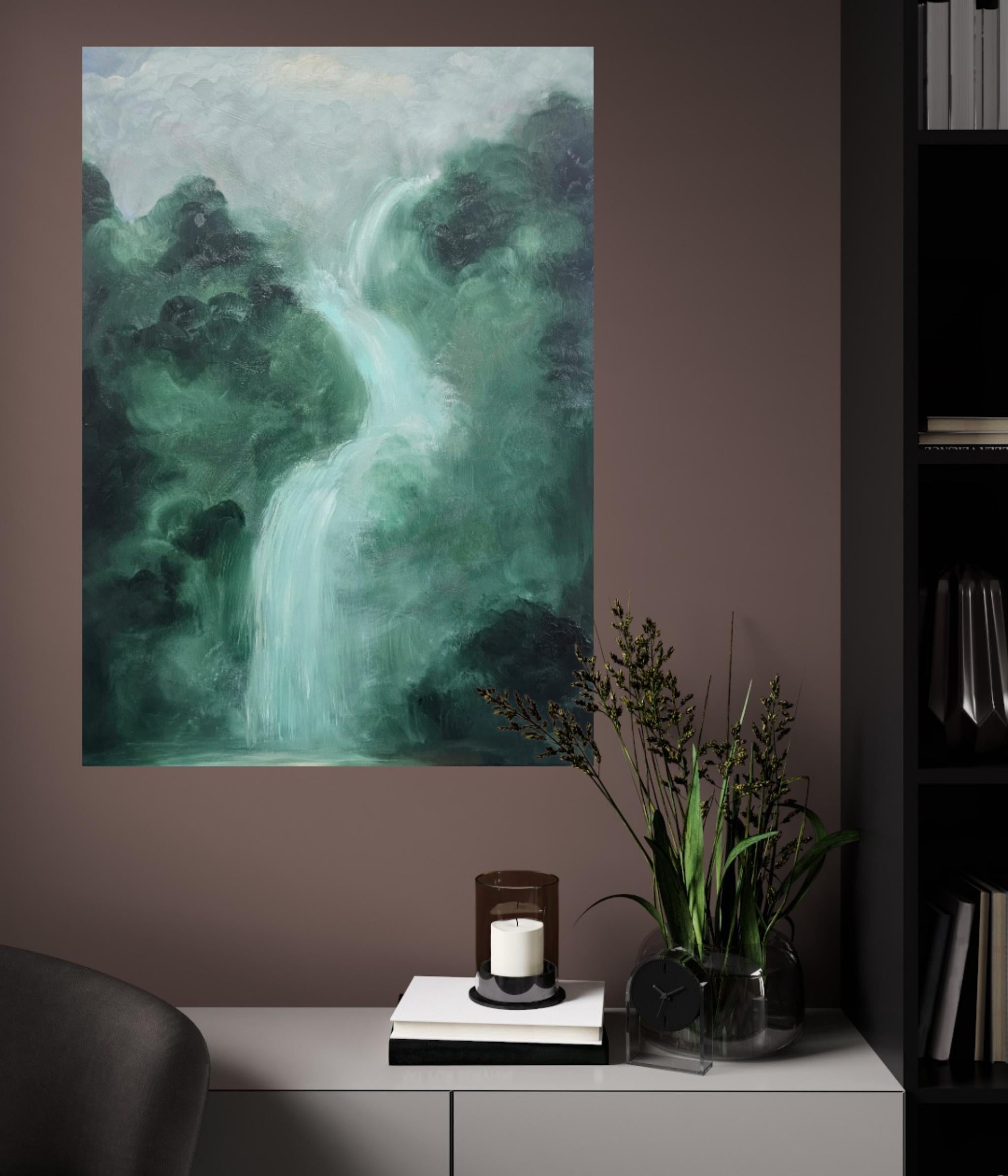Lo que el agua me dio - Pintura verde abstracta de paisaje en cascada en venta 9