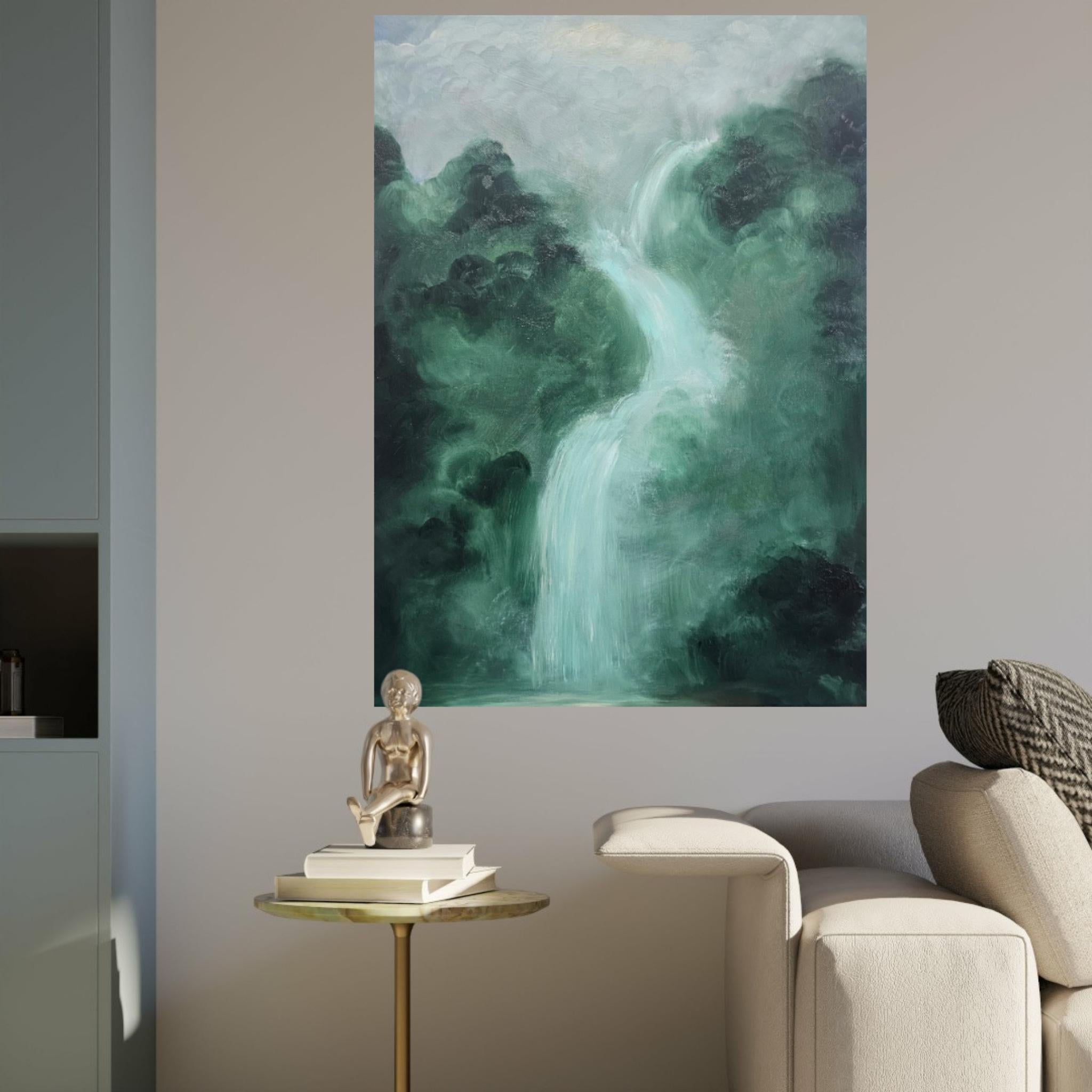 Lo que el agua me dio - Pintura verde abstracta de paisaje en cascada en venta 11
