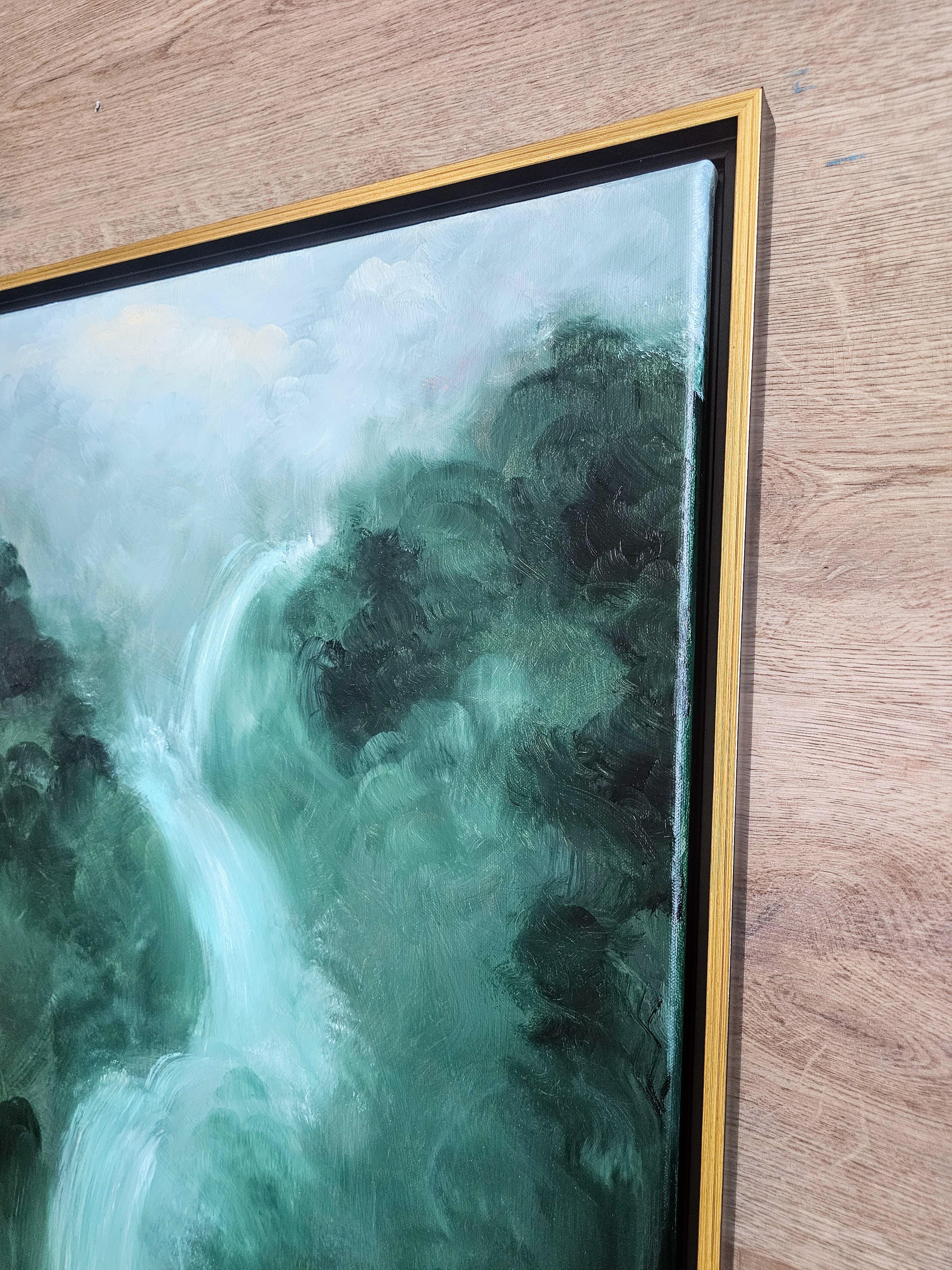 An emerald green abstract landscape, inspired by mountains and cascading waterfalls. A dreamy imaginary landscape of my imagination, a place of magic.

A painting in lush greens, turquoise waters, white foam, majestic mountains. A song to the purest