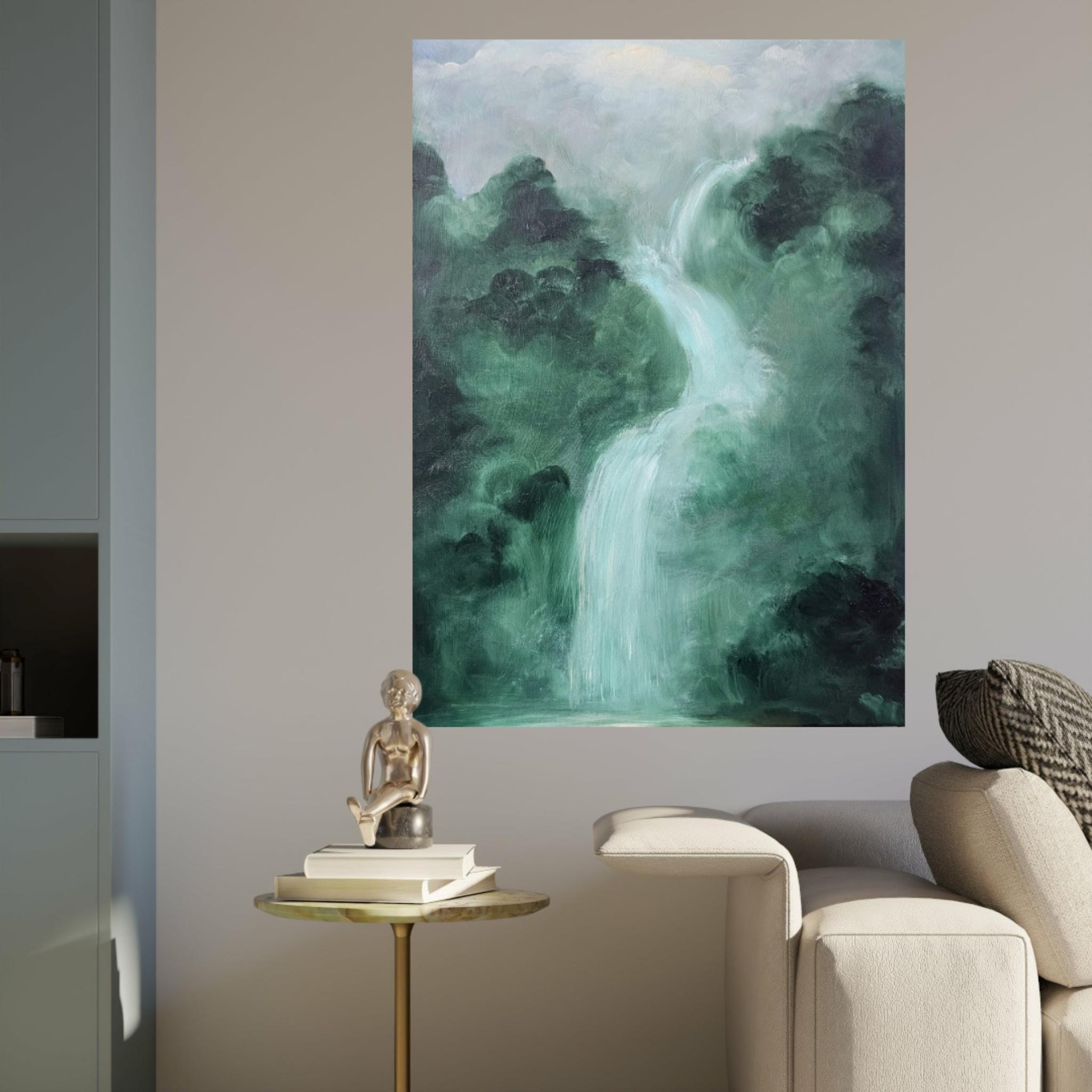 Lo que el agua me dio - Pintura verde abstracta de paisaje en cascada - Painting Contemporáneo de Jennifer L. Baker