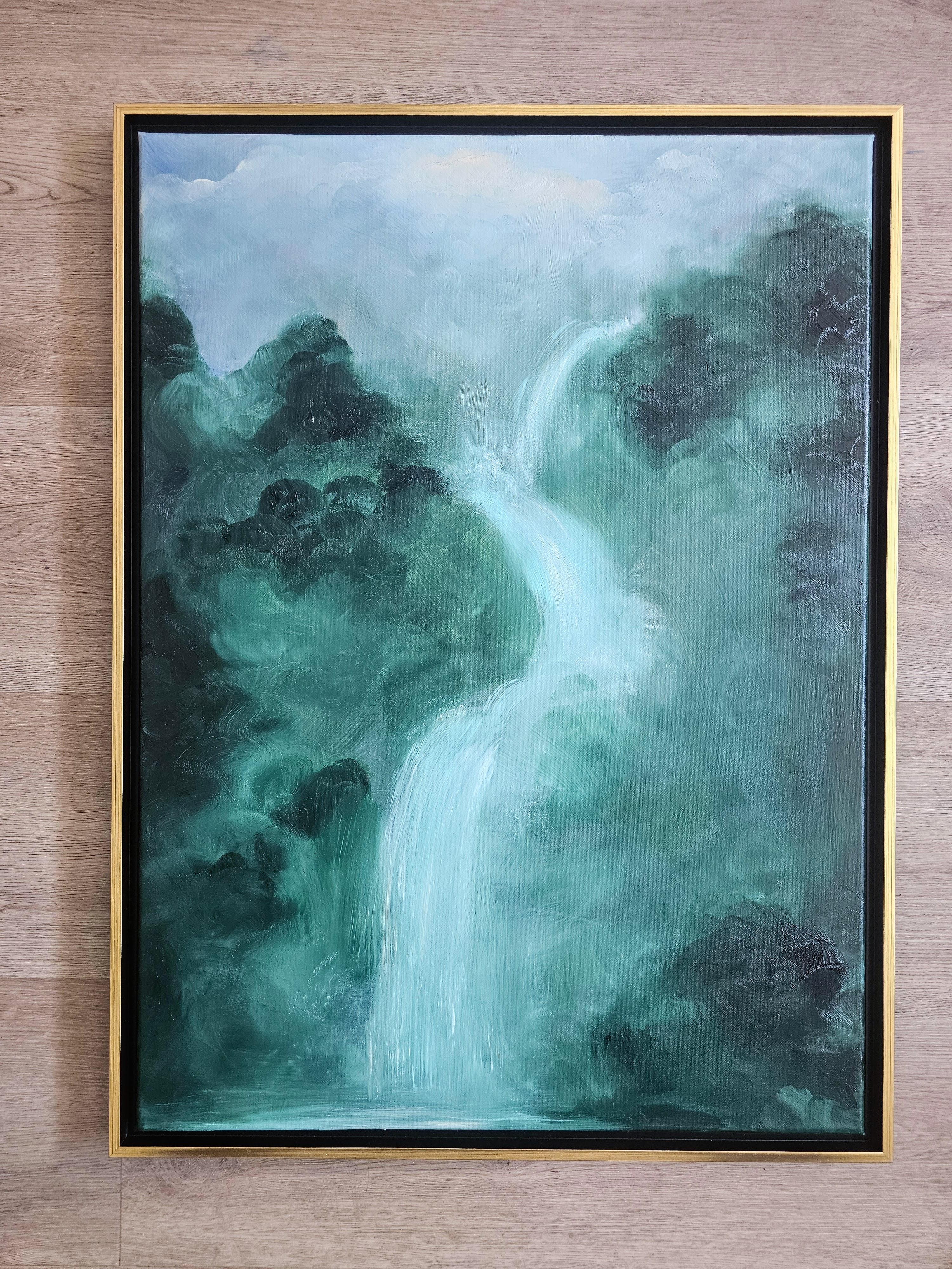 What the water gave me - Abstract green waterfall landscape painting - Contemporary Painting by Jennifer L. Baker