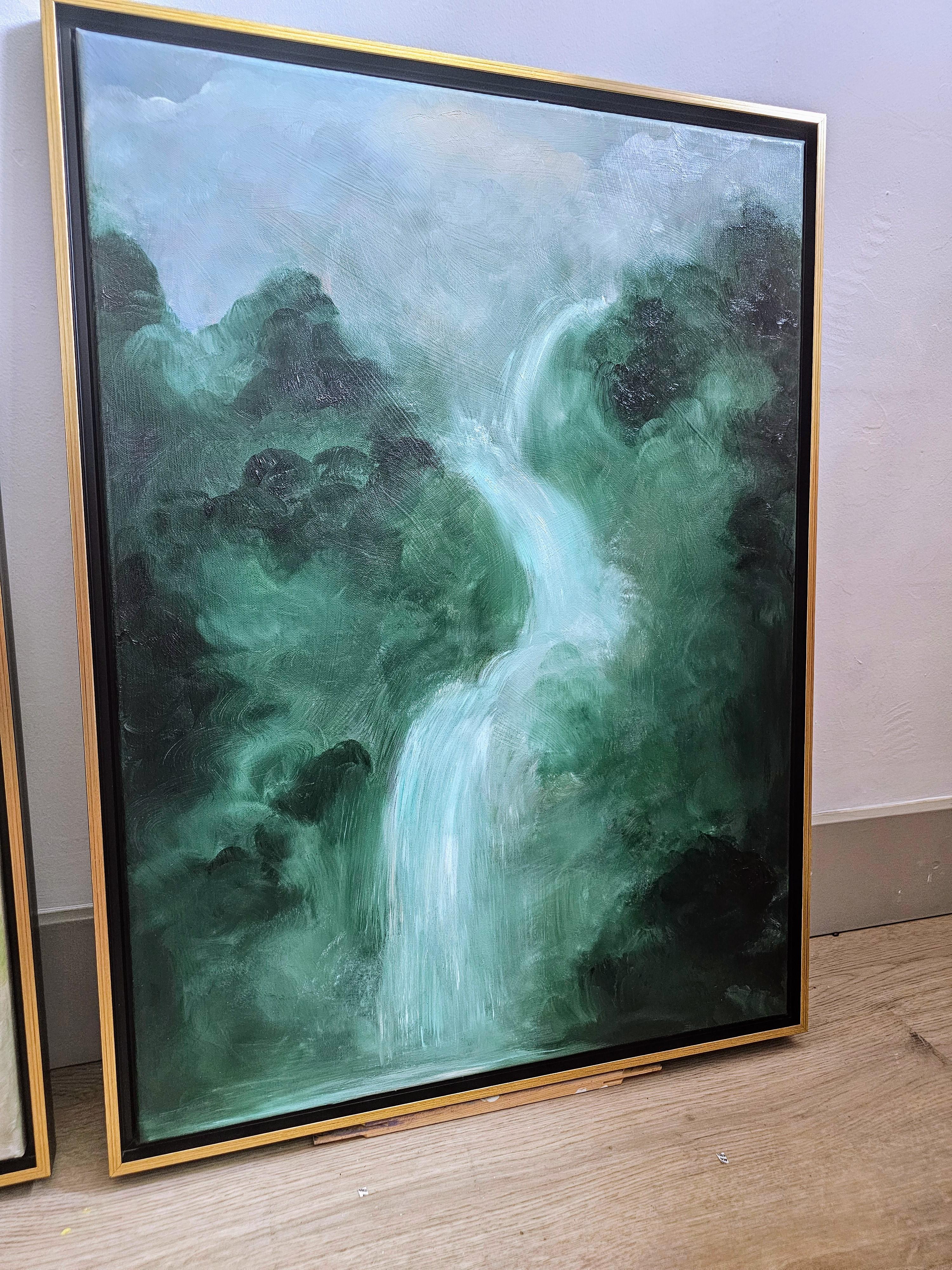 What the water gave me - Abstract green waterfall landscape painting - Gray Abstract Painting by Jennifer L. Baker