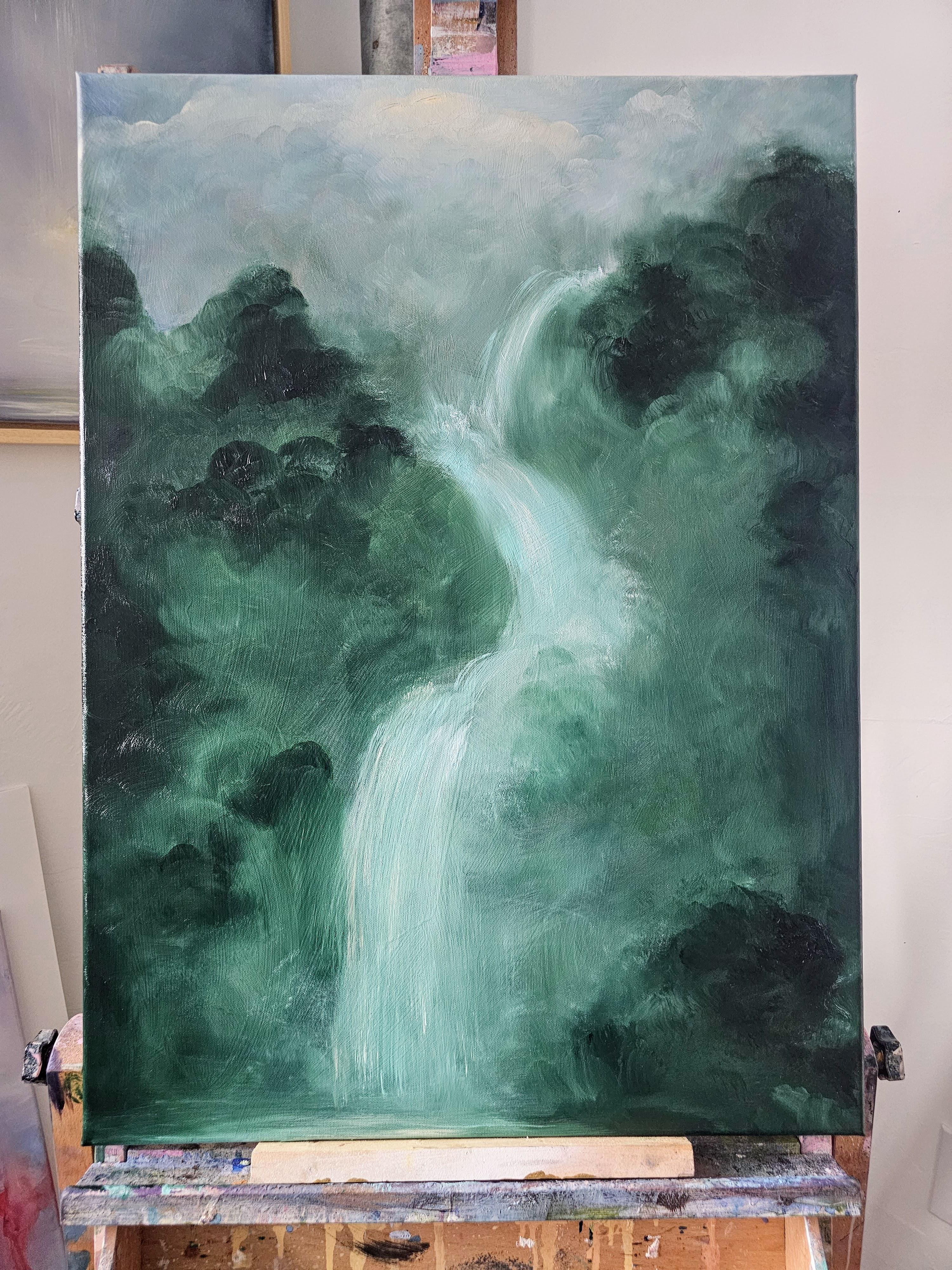 Lo que el agua me dio - Pintura verde abstracta de paisaje en cascada en venta 1
